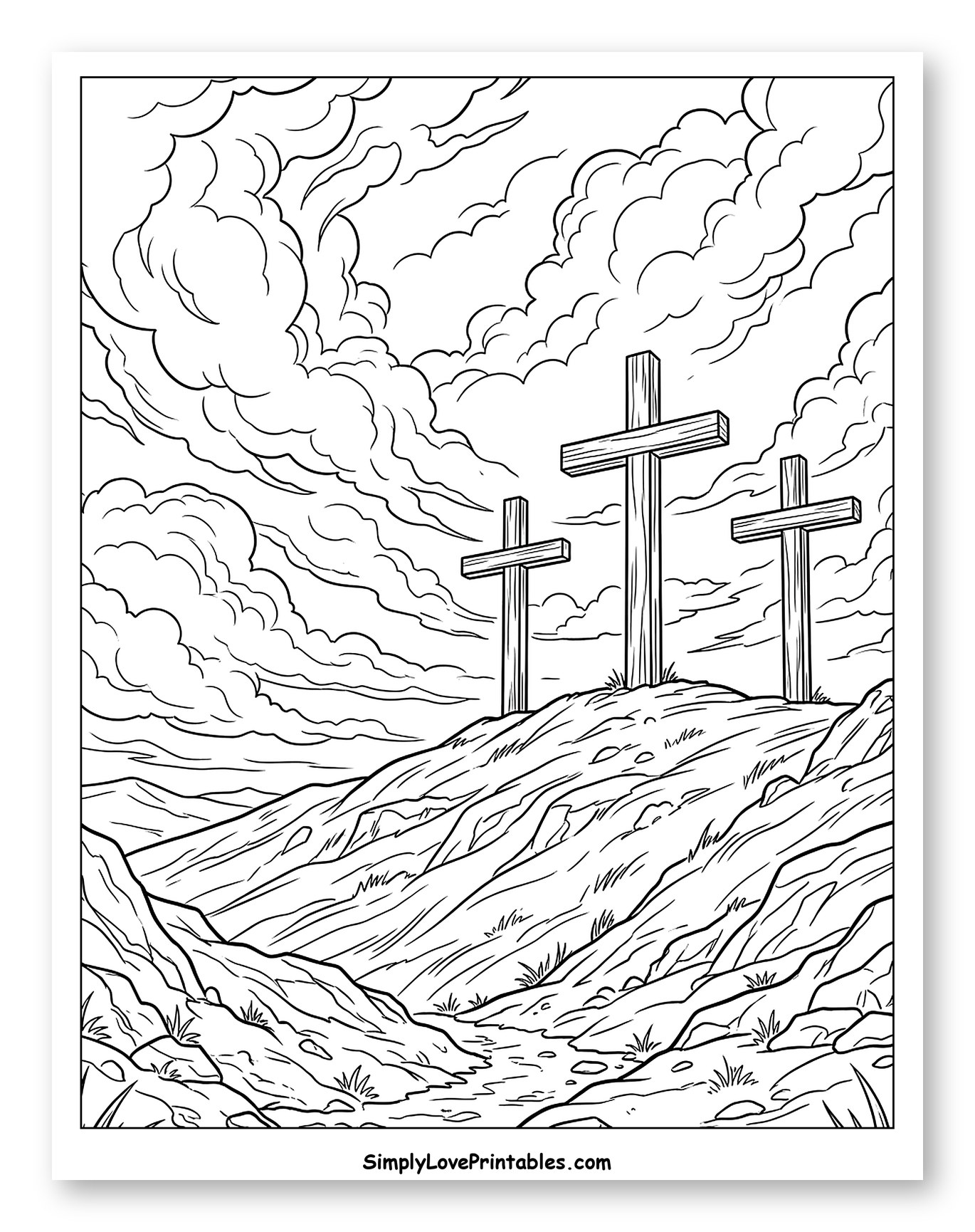 Three Crosses on a Hill with Clouds Coloring Sheet