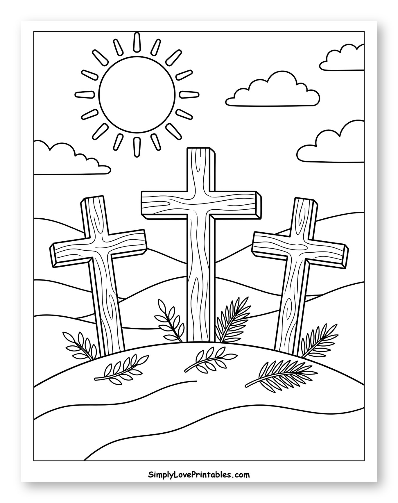 Three Crosses on a Hill with Sun to Color for Kids