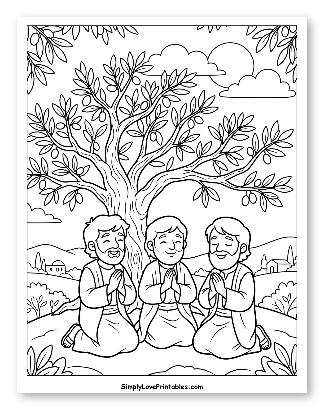Three Disciples Praying Under Olive Tree Coloring Sheet for Kids