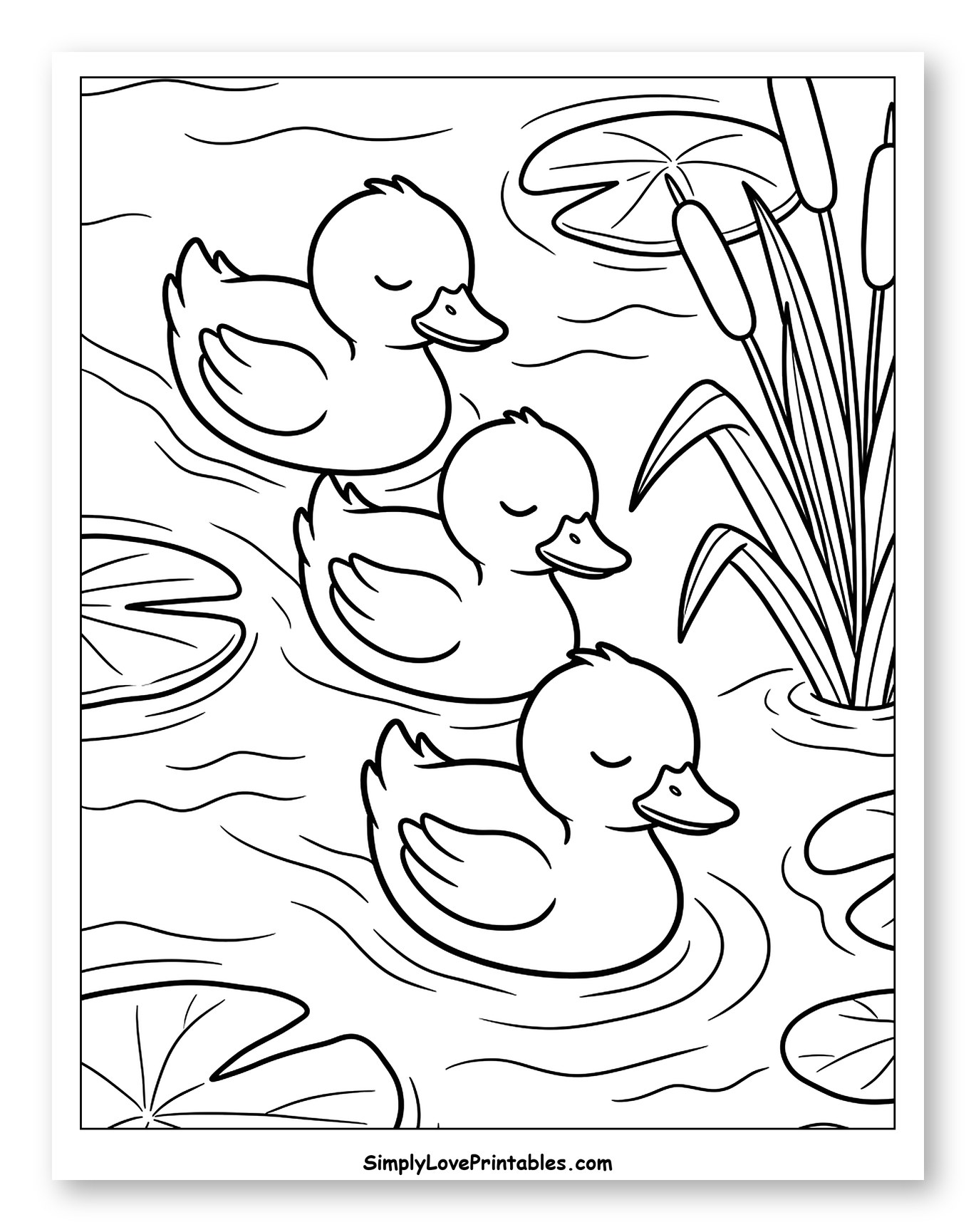 Three Ducklings Swimming in a Pond Coloring Sheet for Kids