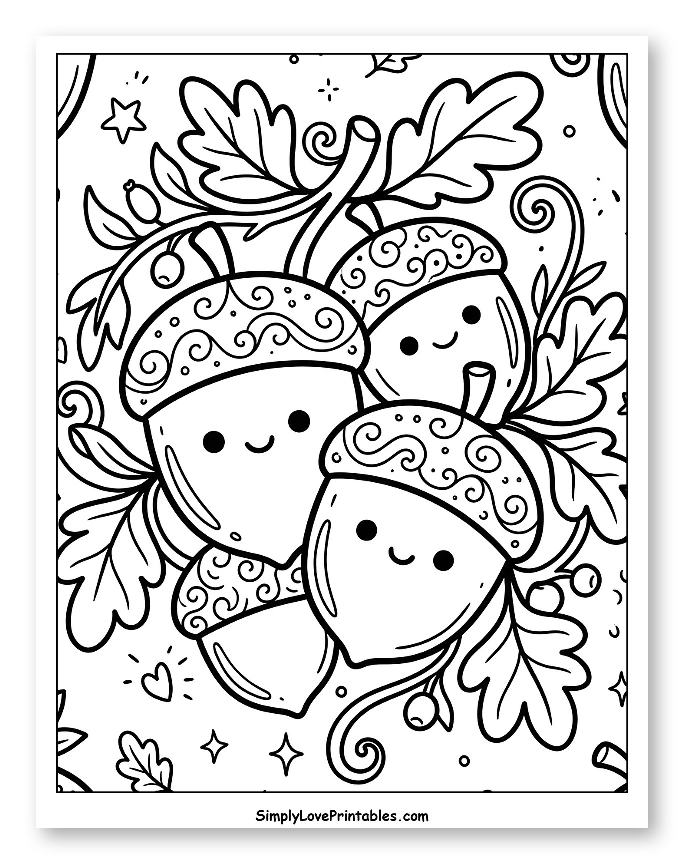 Three Friendly Acorns with Autumn Oak Leaves