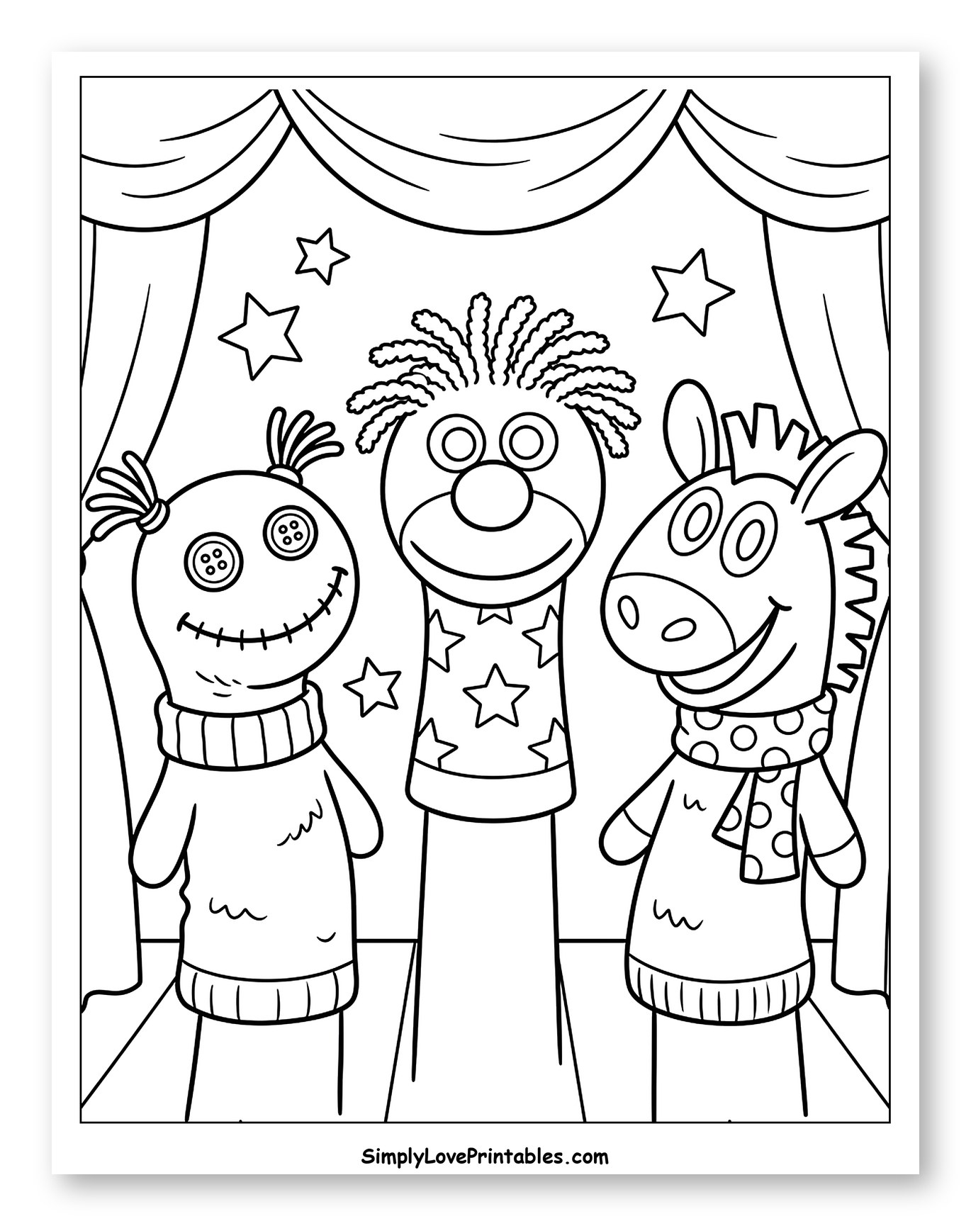 Three Friendly Puppets on Stage Coloring Sheet for Kids