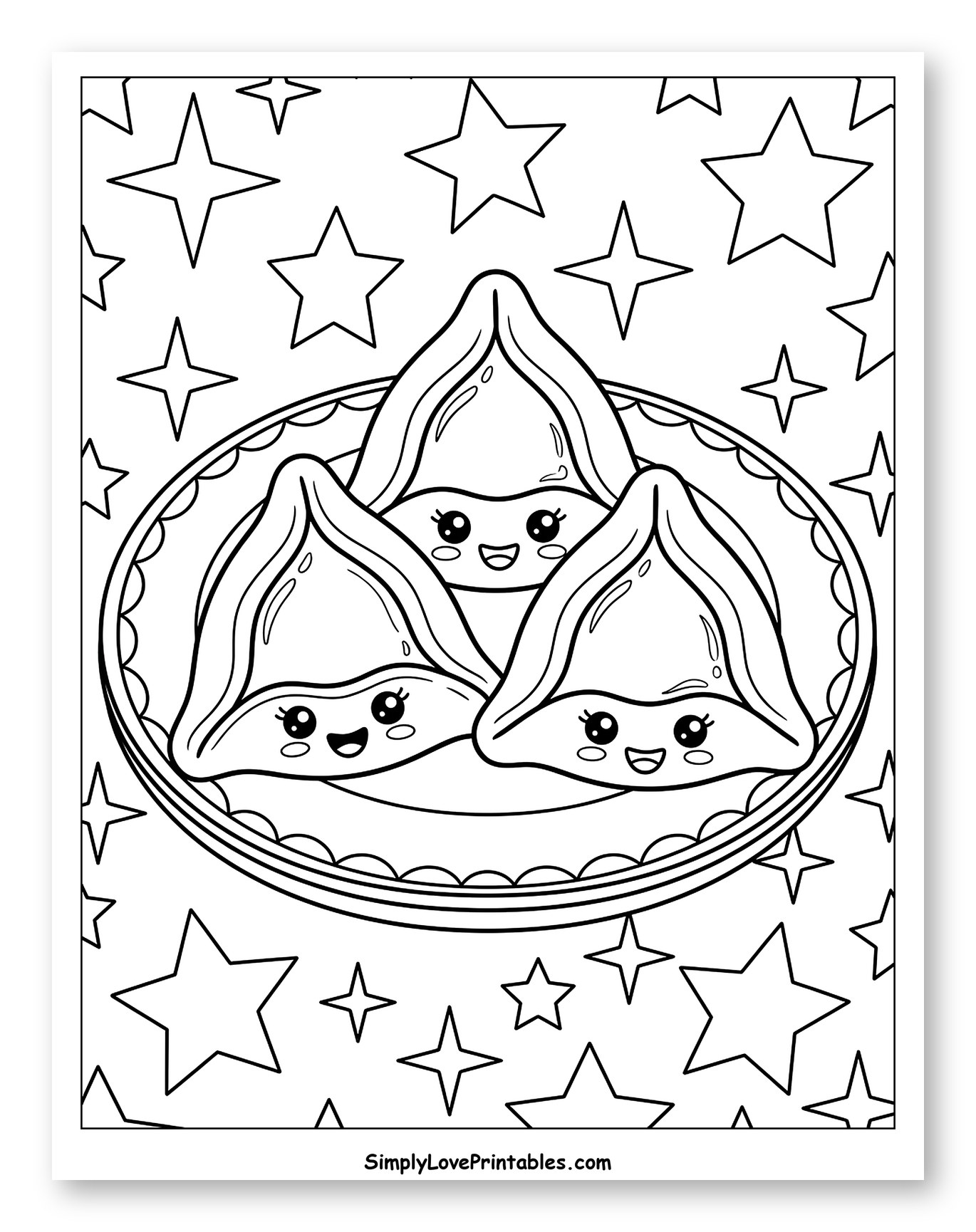Three Happy Hamantaschen on a Plate with Stars