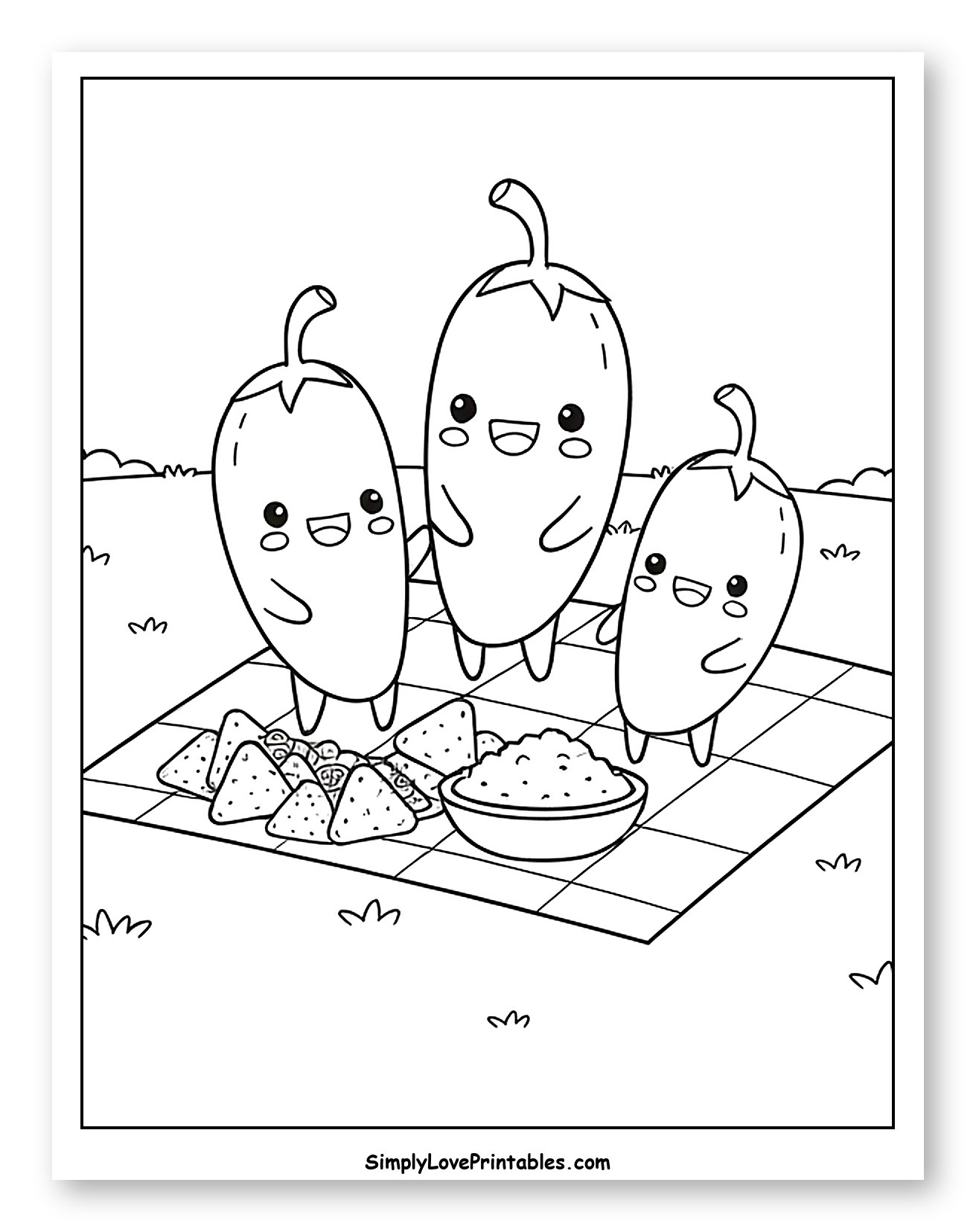 Three Happy Jalapeños Having a Picnic to Color for Kids