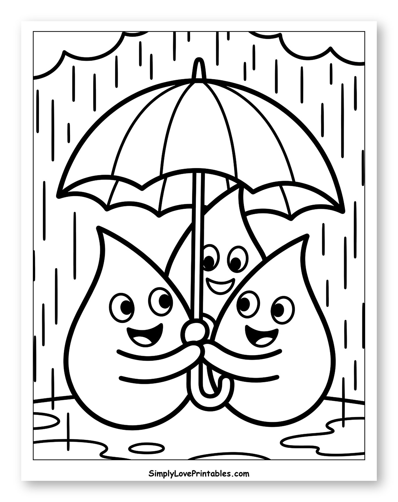 Three Happy Raindrops Under an Umbrella Coloring Page for Toddlers