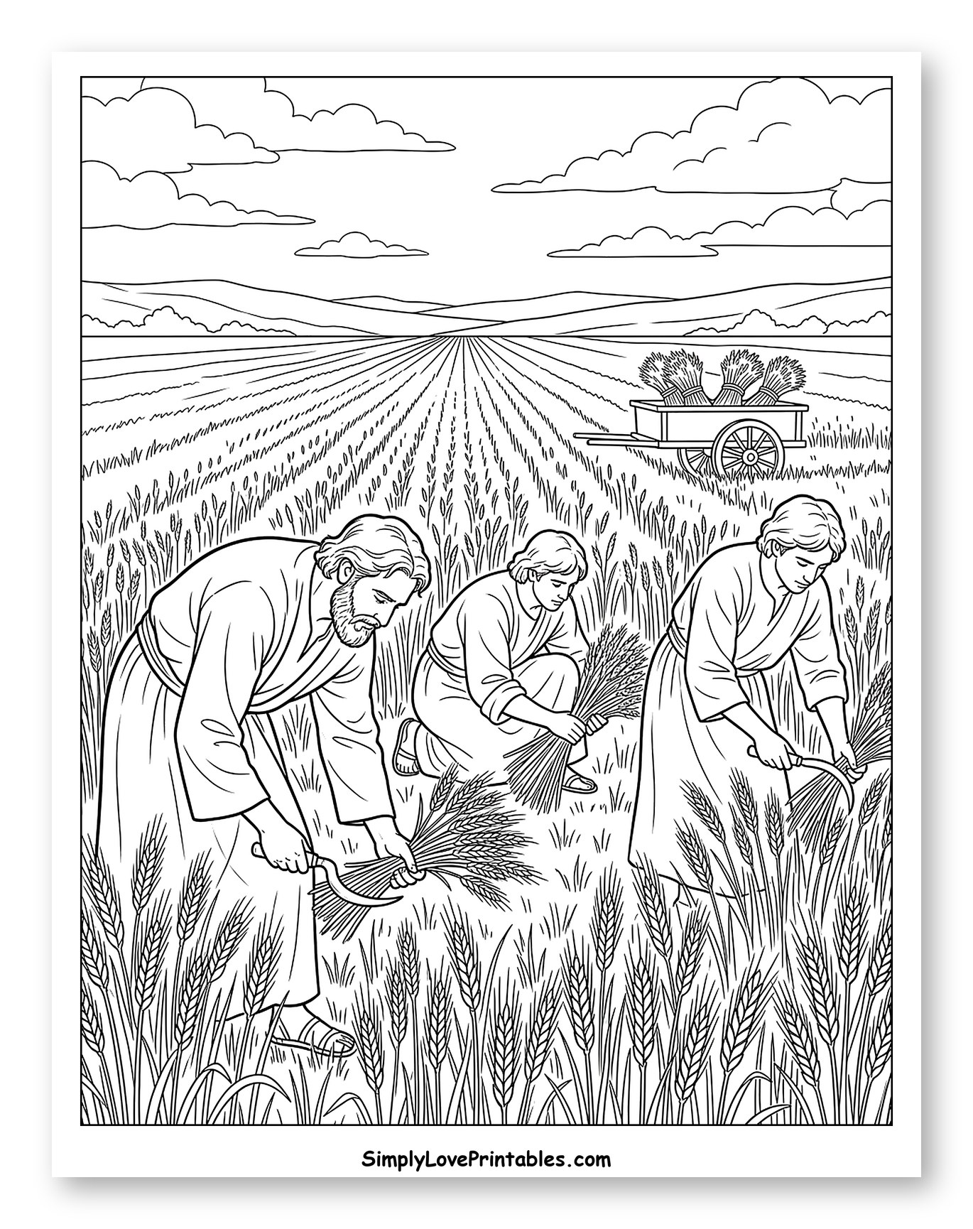 Three Harvesters in a Wheat Field to Color