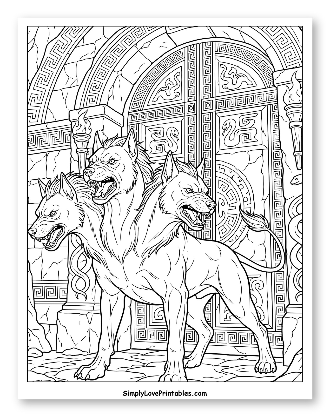 Three-Headed Cerberus Guarding Ornate Greek Gates Coloring Page