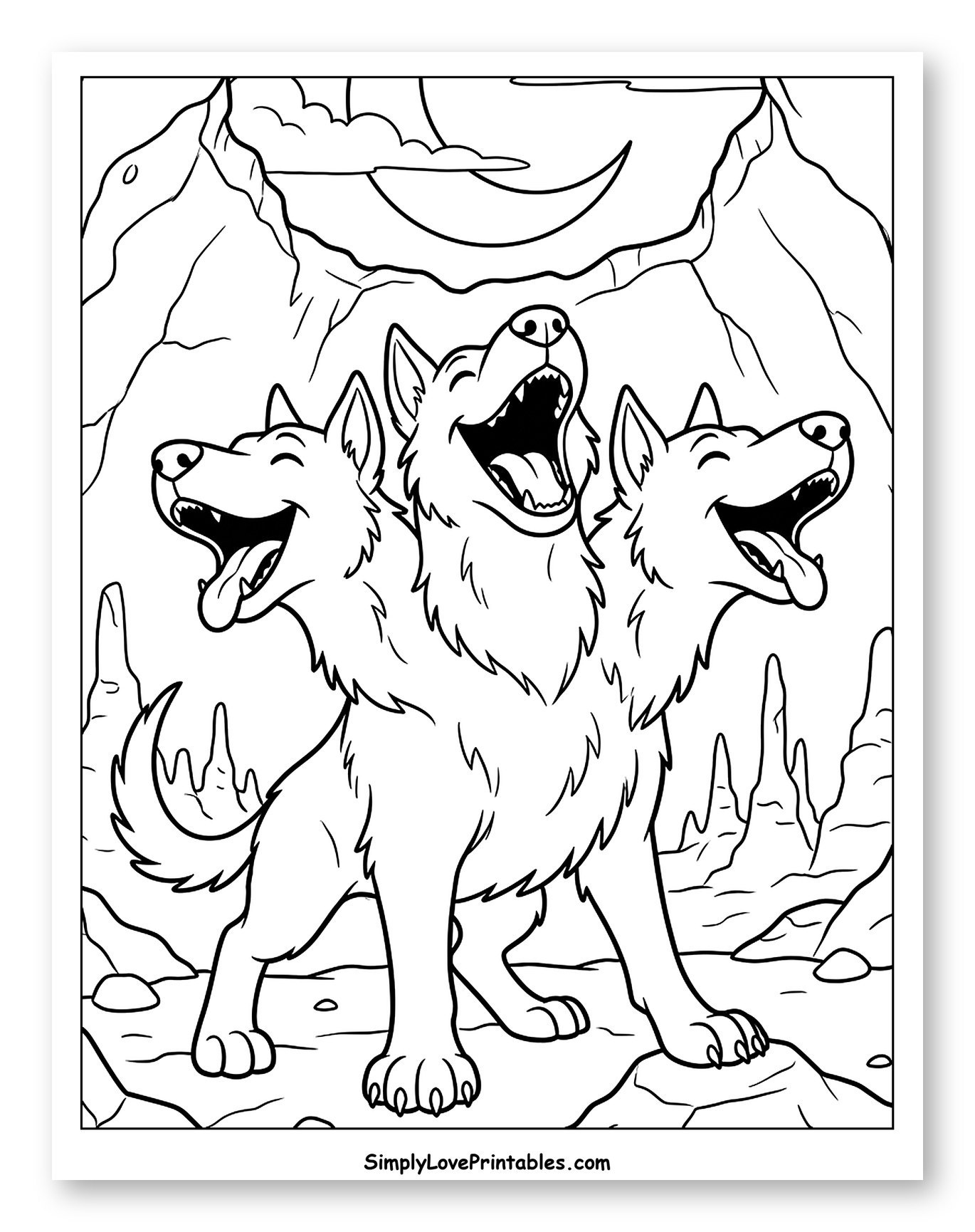 Three-Headed Cerberus in a Cave Under a Moon to Color for Kids