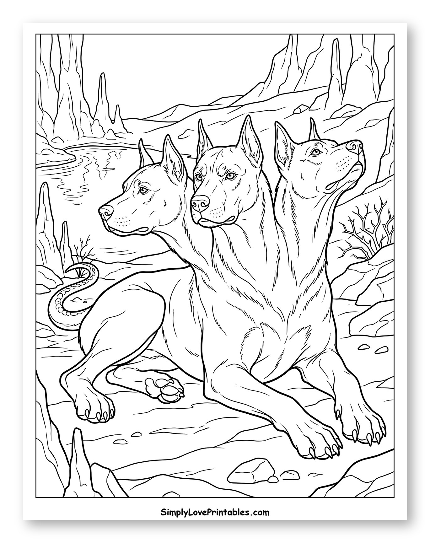 Three-Headed Cerberus Resting in a Rocky Landscape Coloring Page