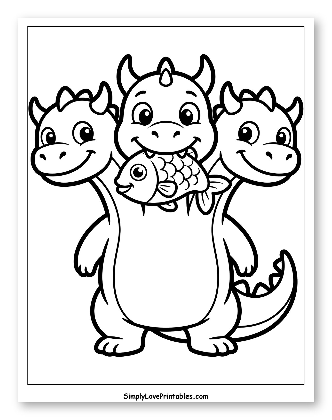 Three-Headed Dragon Holding a Fish Coloring Sheet for Toddlers
