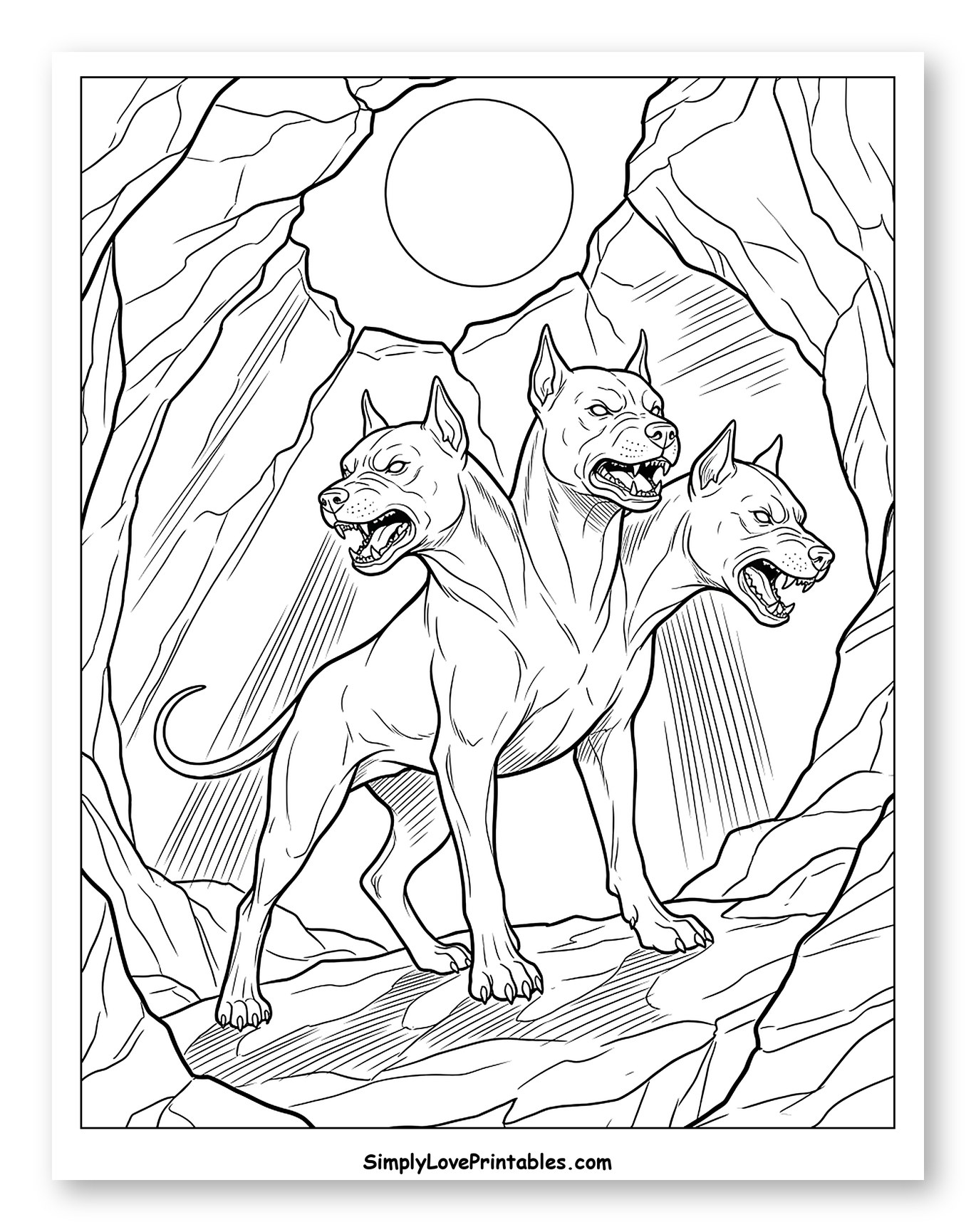 Three-Headed Hound in a Rocky Cavern Coloring Sheet