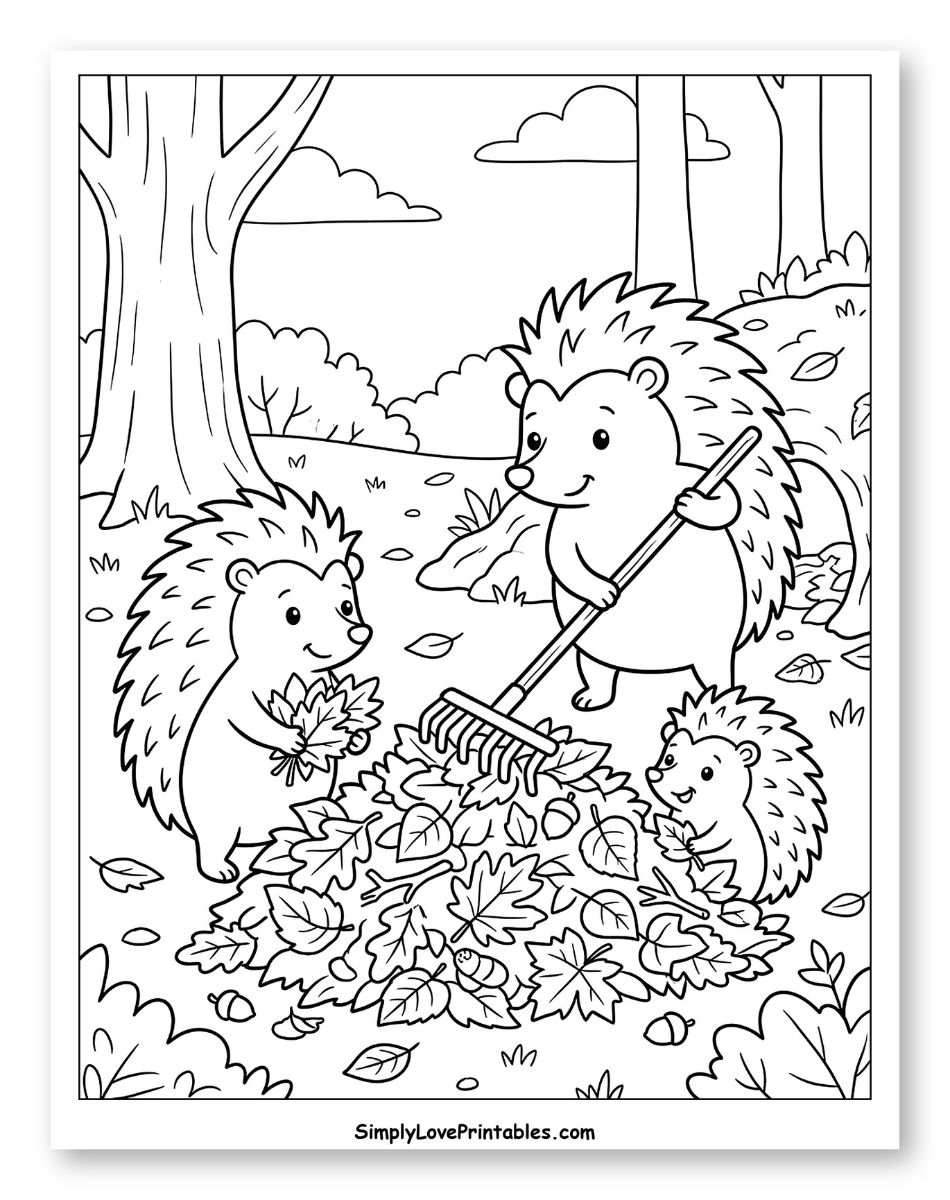 Three Hedgehogs Raking Autumn Leaves