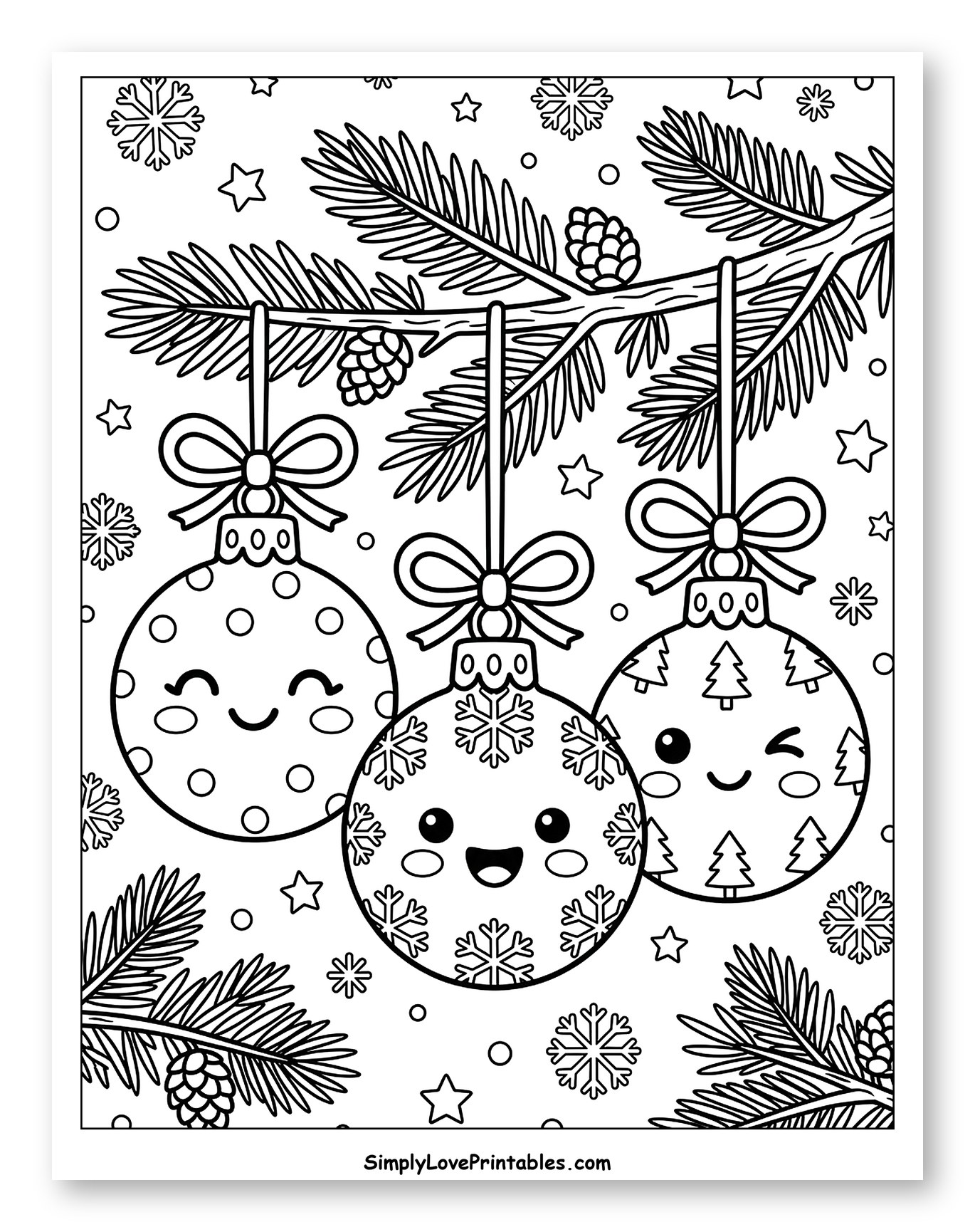 Three Kawaii Christmas Ornaments on a Pine Branch Coloring Sheet for Kids