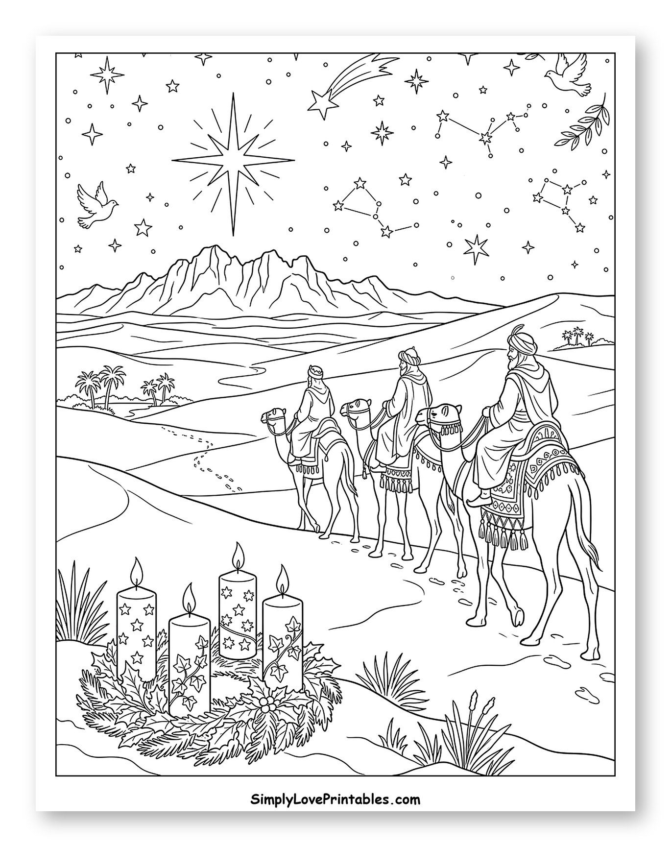 Three Kings Following the Star with Advent Wreath to Color