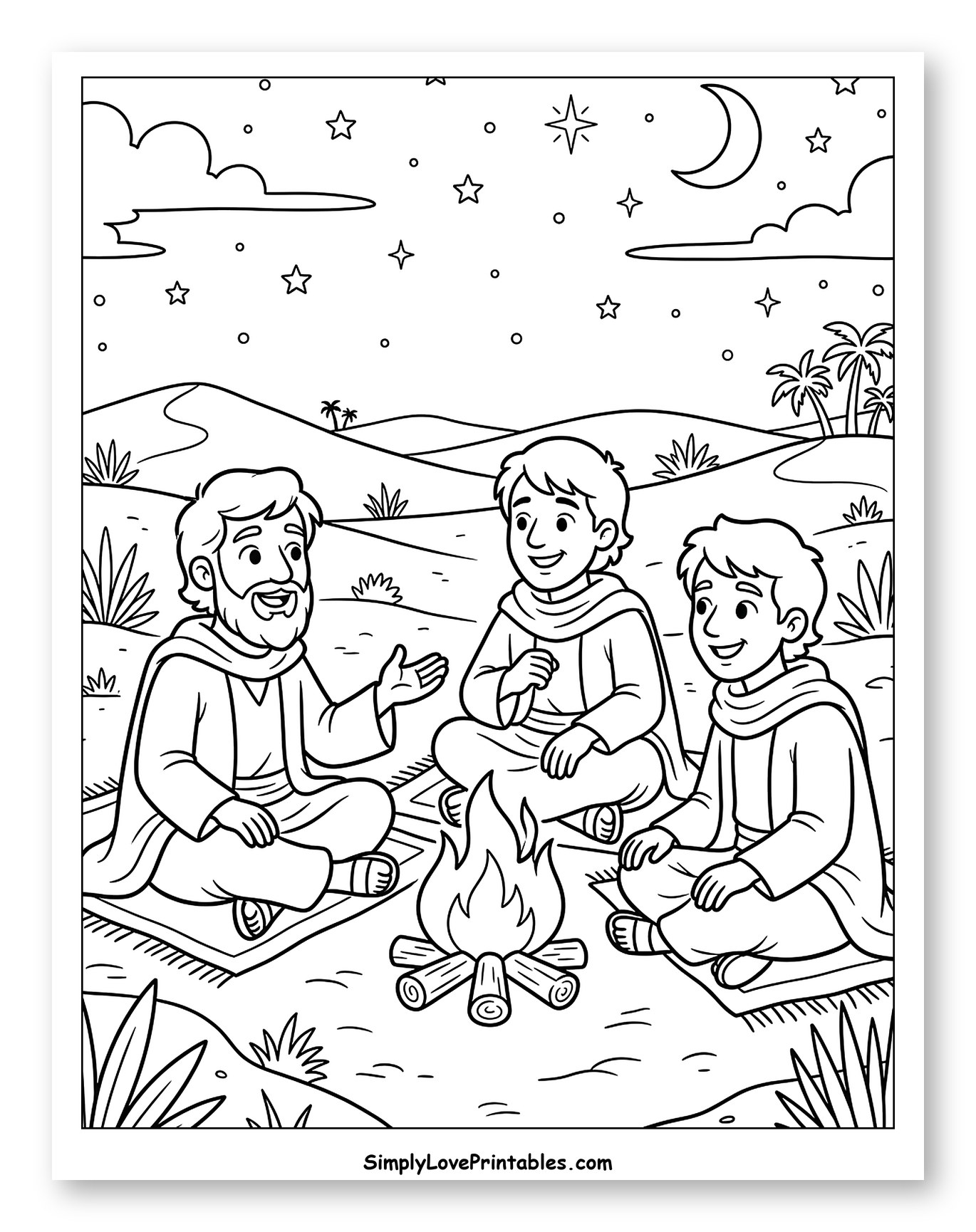 Three Men Sharing Stories by Campfire