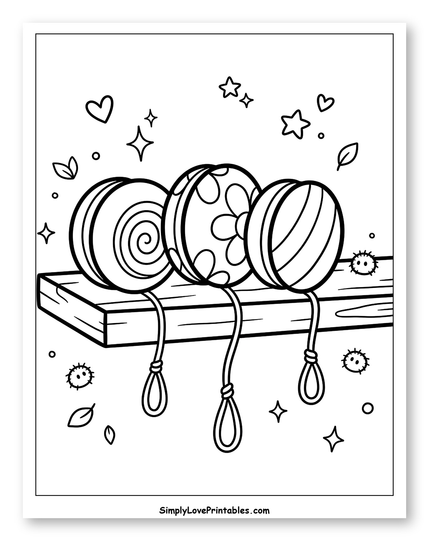 Three Patterned Yoyos on a Wooden Board Coloring Sheet for Adults