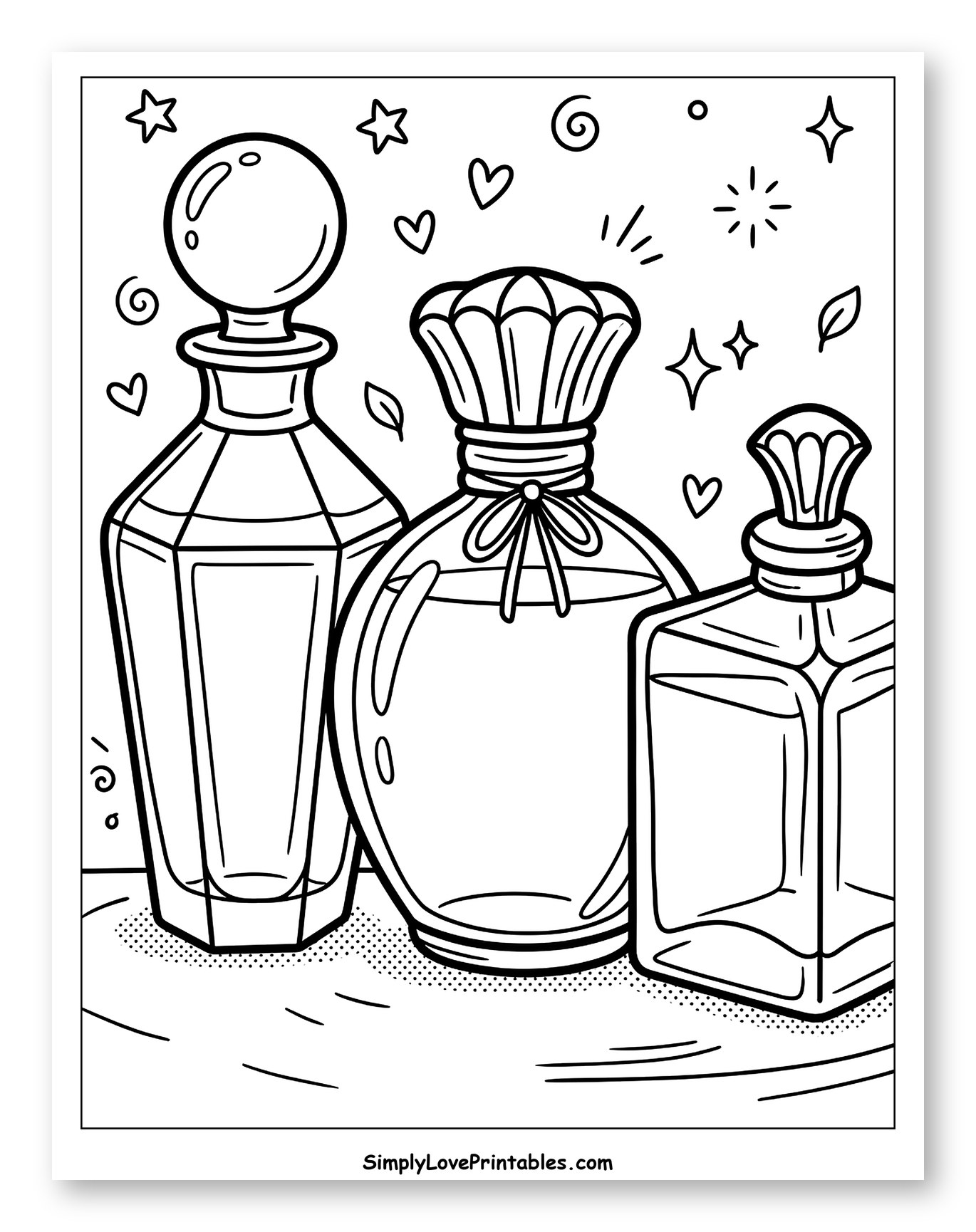 Three Perfume Bottles with Stars and Hearts Coloring Sheet for Adults