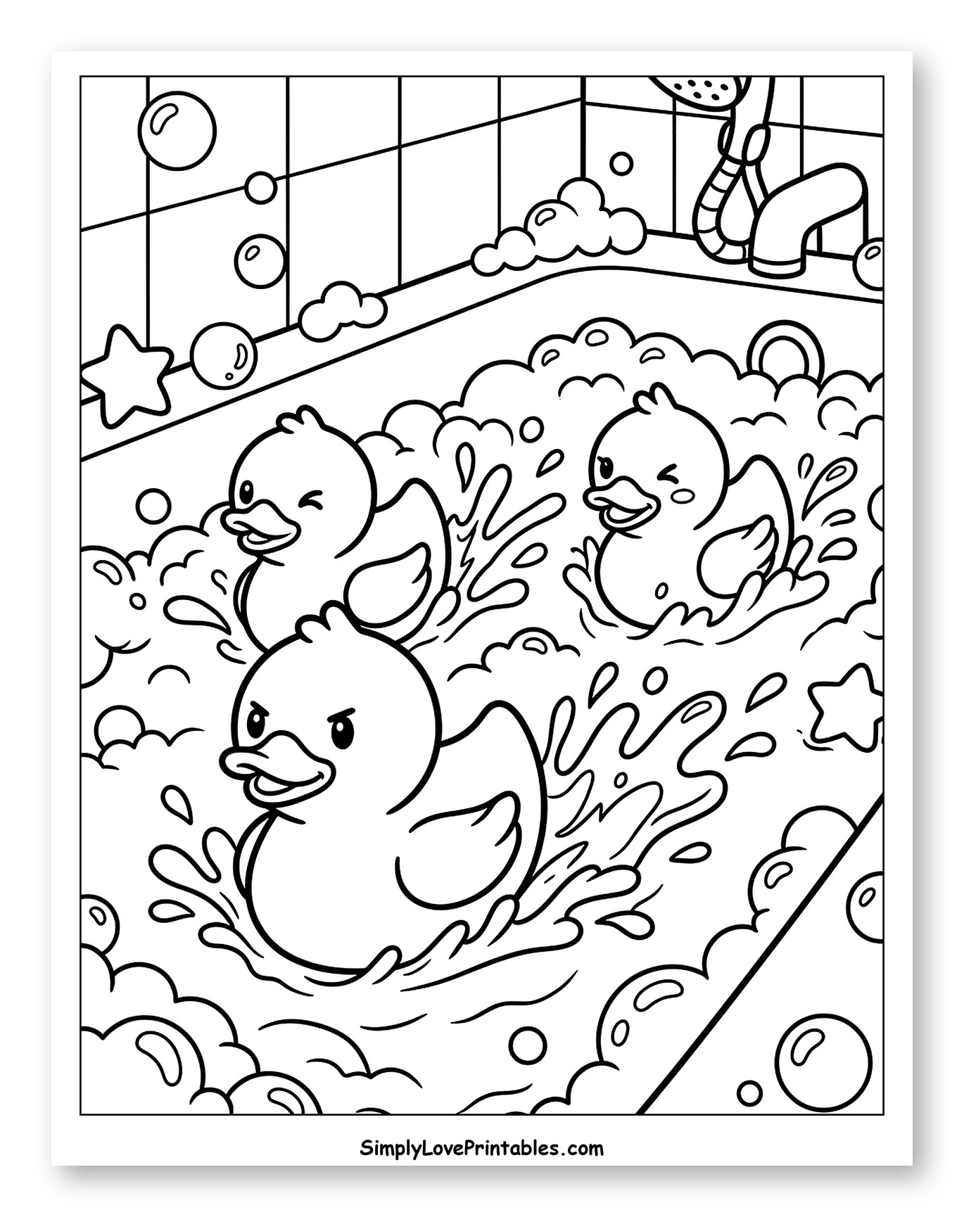 Three Rubber Ducks Splashing in a Bathtub Coloring Sheet for Kids