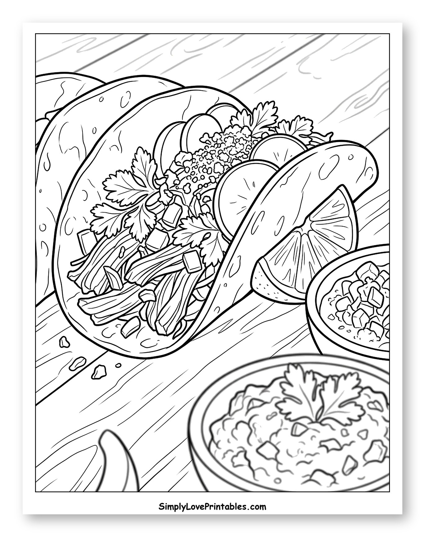 Three Tacos and Bowls of Guacamole to Color