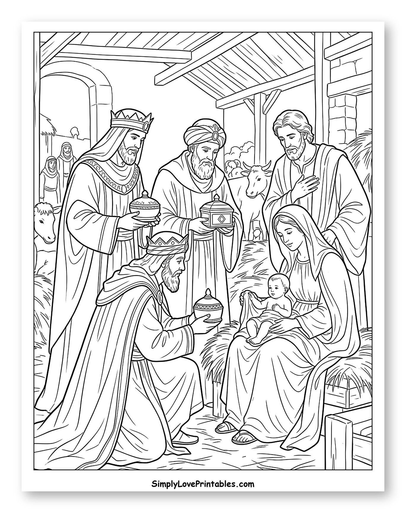 Three Wise Men Adoring Baby Jesus and Holy Family Coloring Page