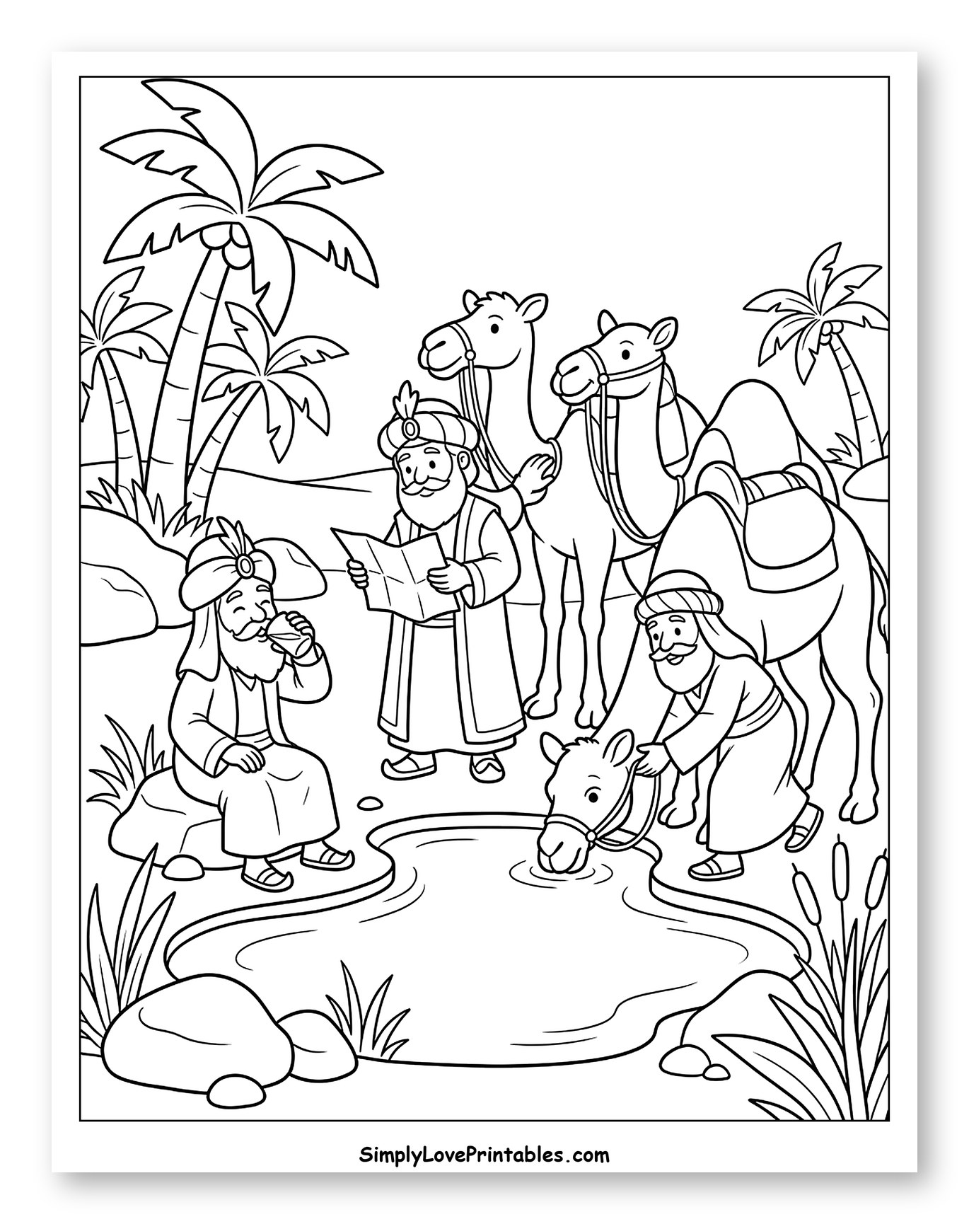 Three Wise Men at a Desert Oasis Coloring Page for Kids