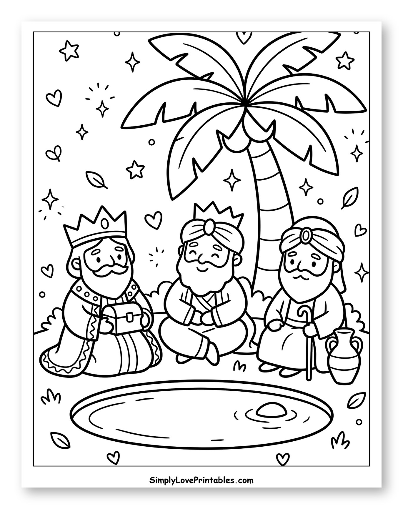 Three Wise Men by a Palm Tree Coloring Sheet for Adults