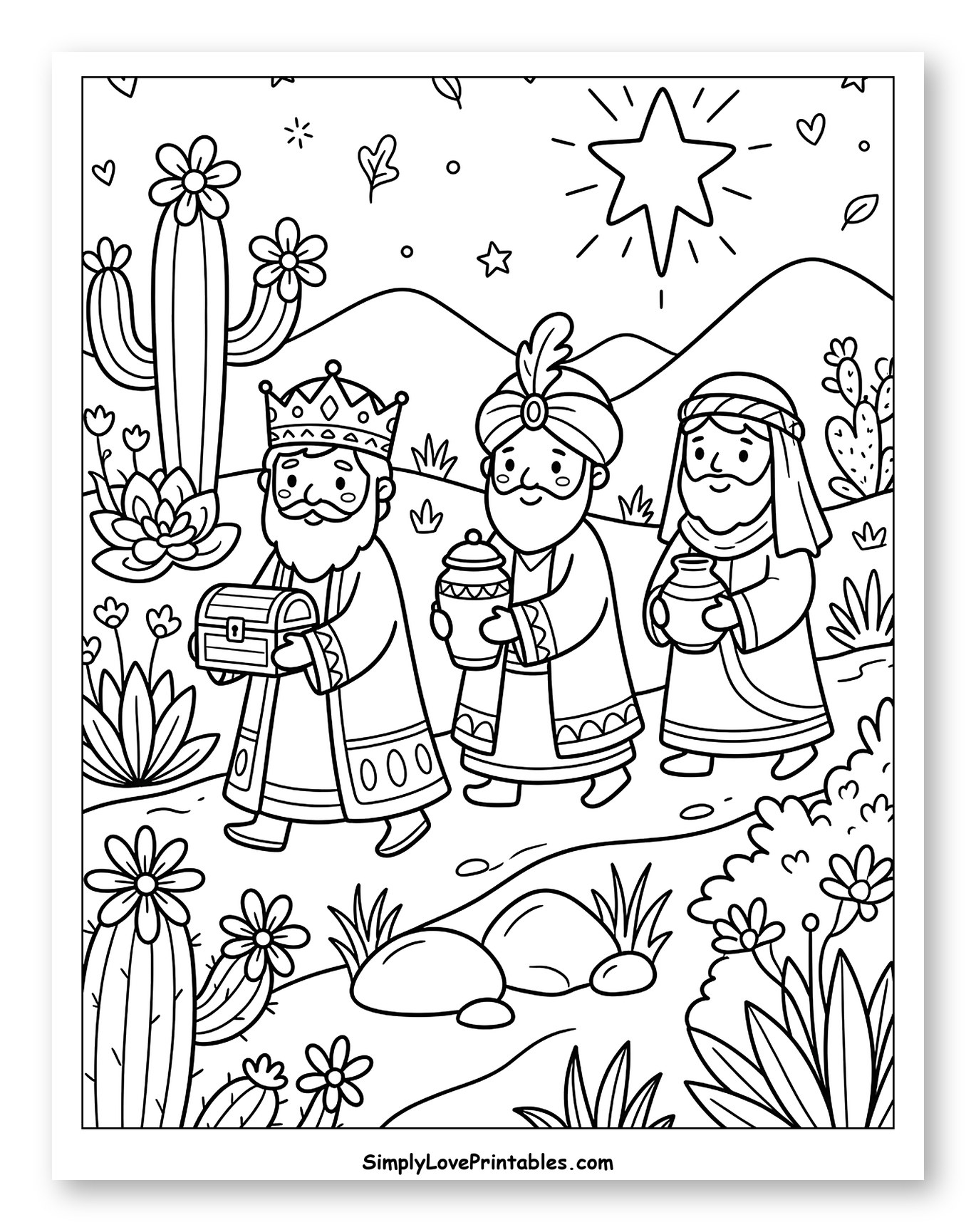 Three Wise Men Following the Guiding Star Coloring Sheet for Adults