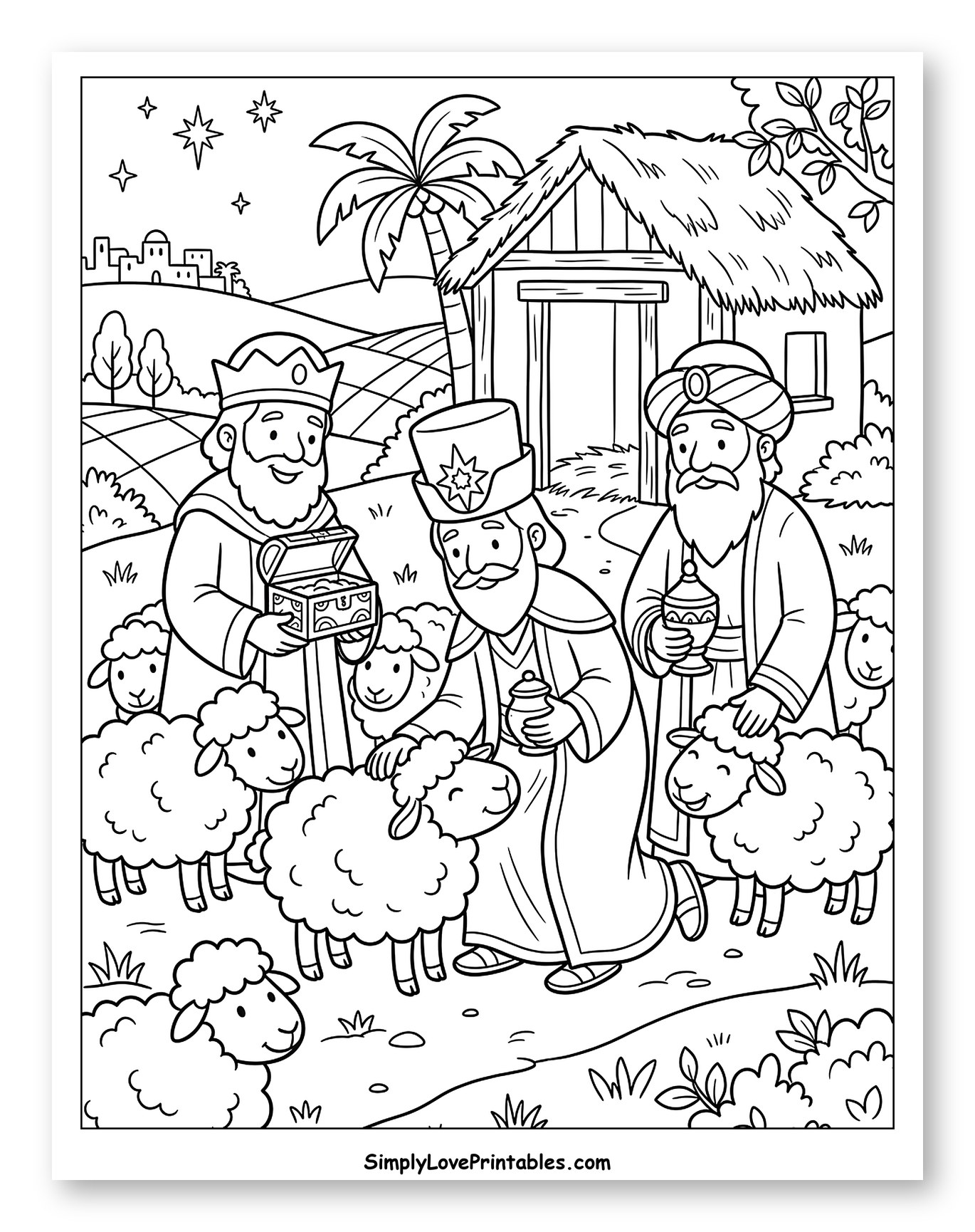 Three Wise Men Journeying with Sheep and Gifts Coloring Page for Kids