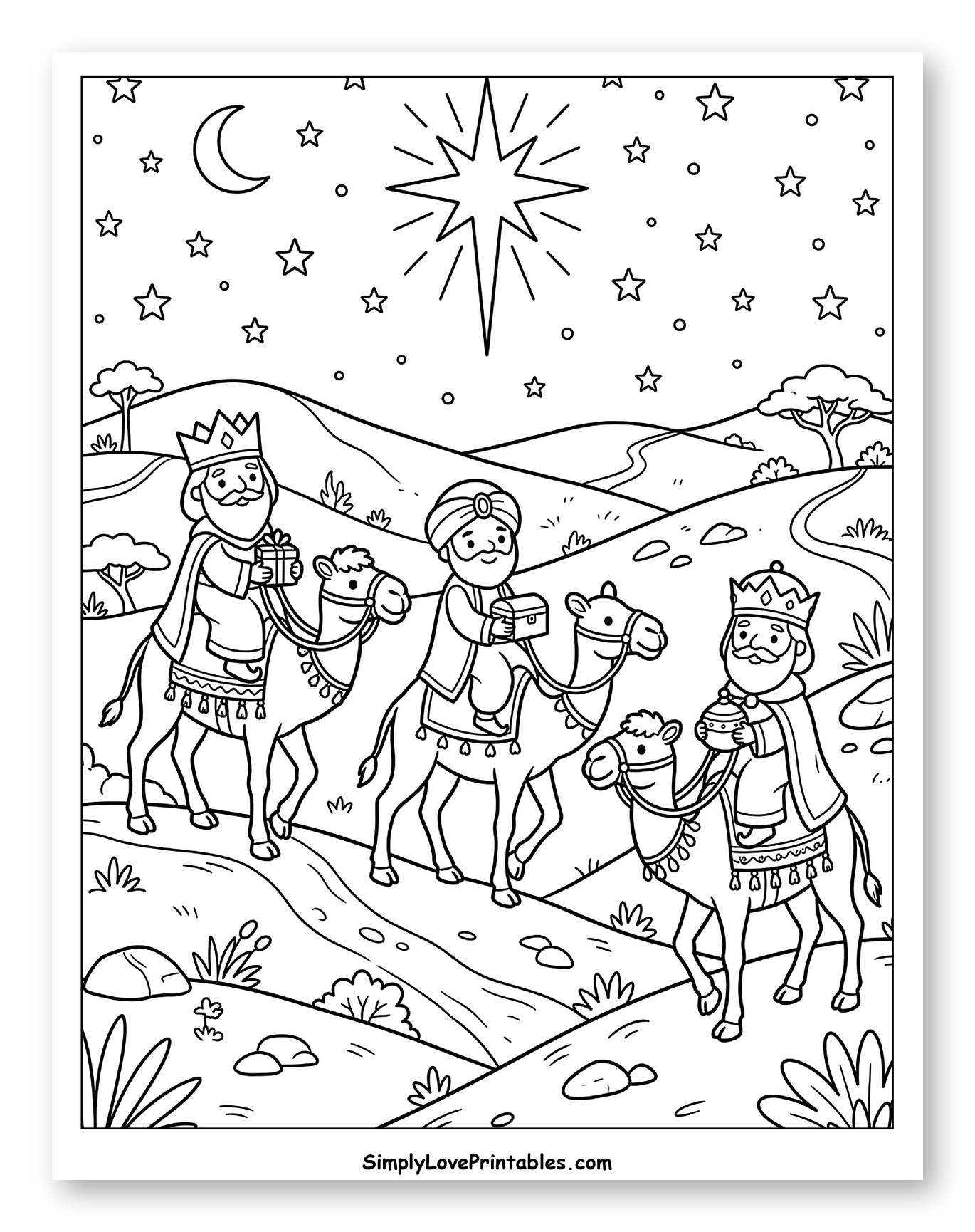 Three Wise Men on Camels Following a Star Coloring Sheet for Kids