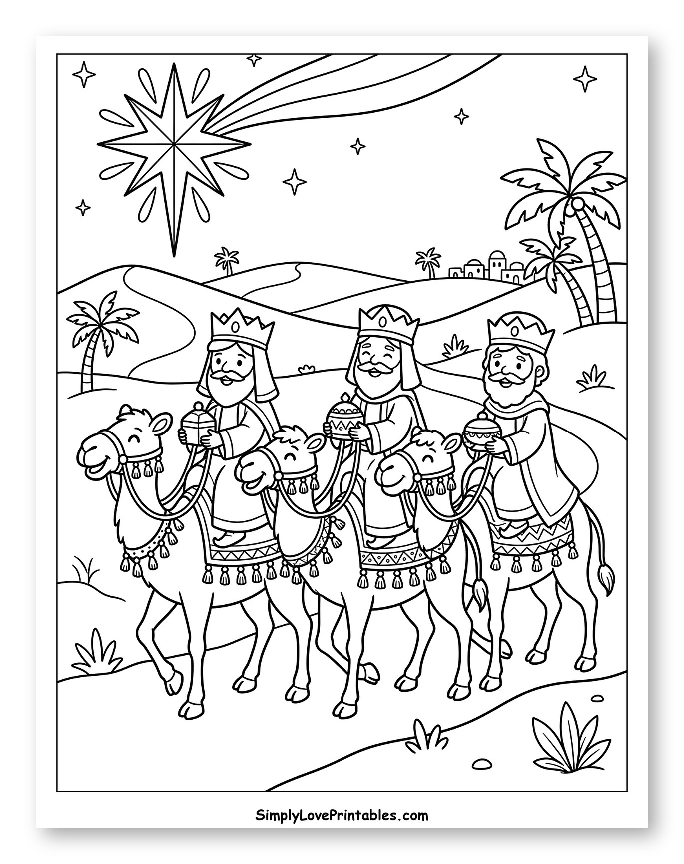 Three Wise Men on Camels Following Bethlehem Star Coloring Sheet for Kids
