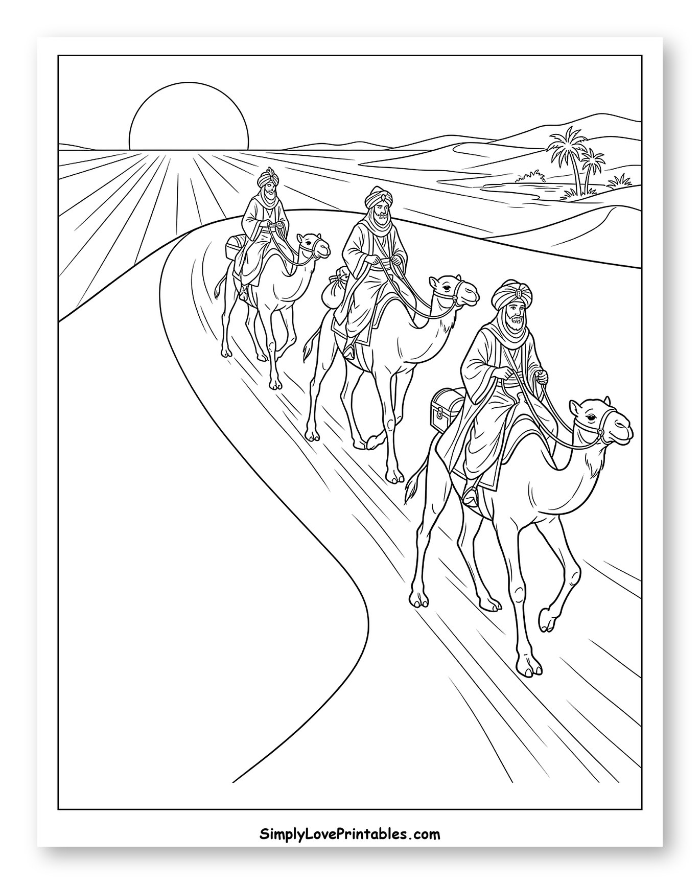 Three Wise Men on Camels in Desert Coloring Sheet