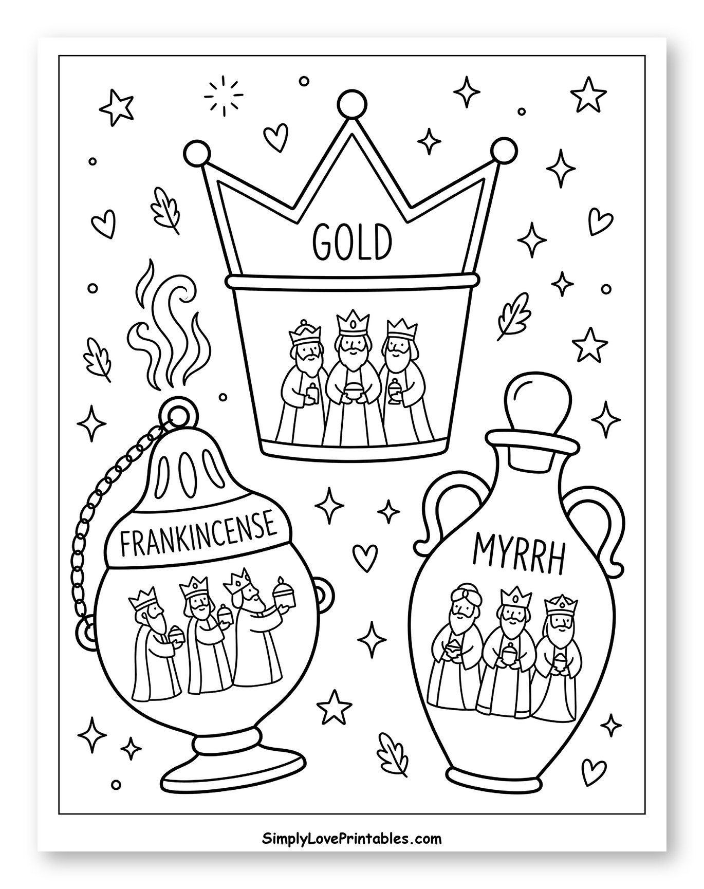 Three Wise Men Presenting Gold, Frankincense, and Myrrh to Color for Adults