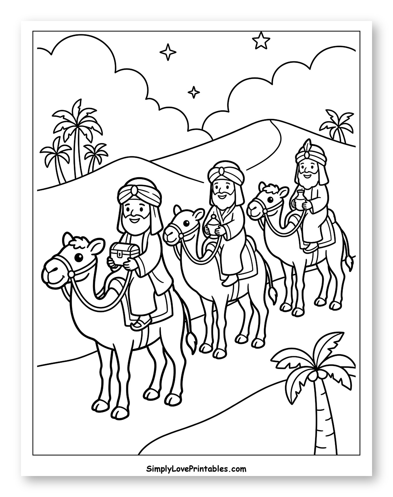 Three Wise Men Riding Camels in Desert