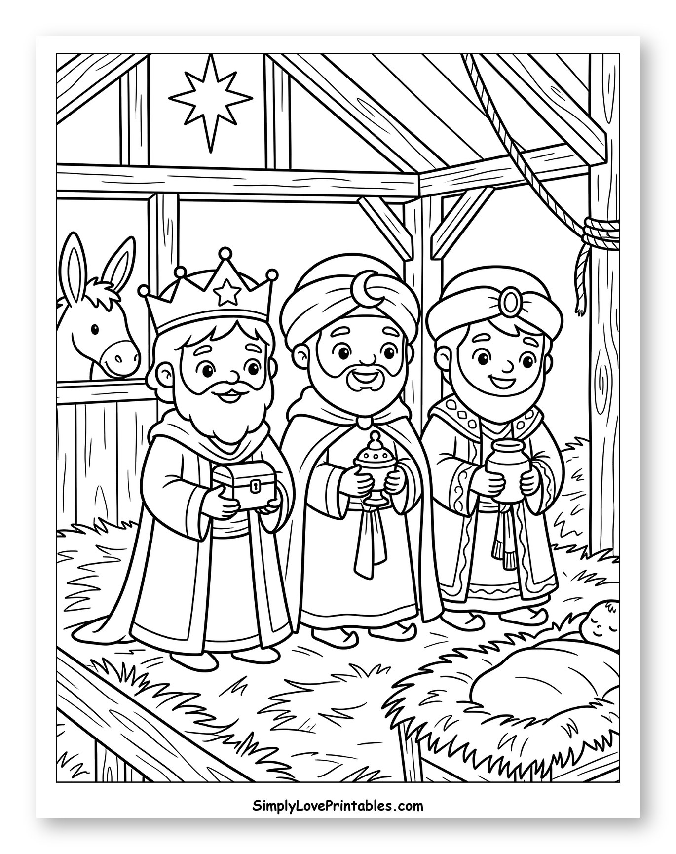 Three Wise Men Visiting Baby Jesus Coloring Page for Kids