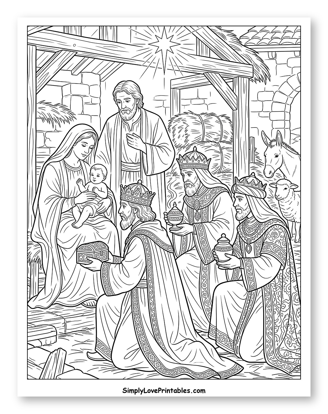 Three Wise Men Visiting Baby Jesus Coloring Page