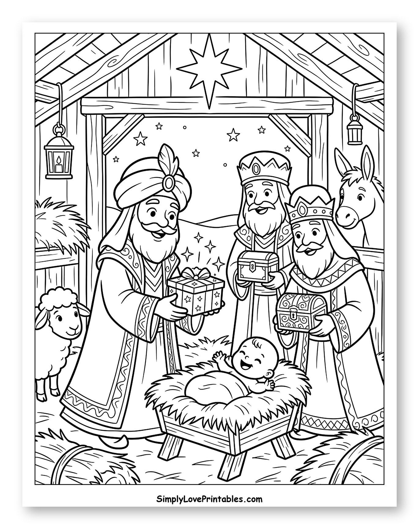 Three Wise Men Visiting Baby Jesus in Manger