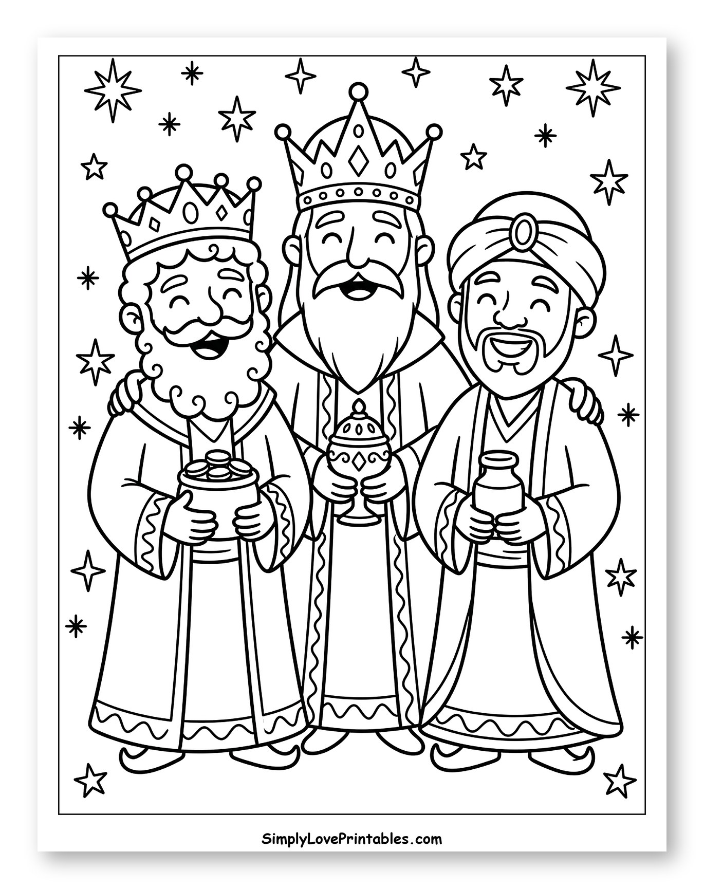 Three Wise Men with Gifts and Stars to Color for Kids
