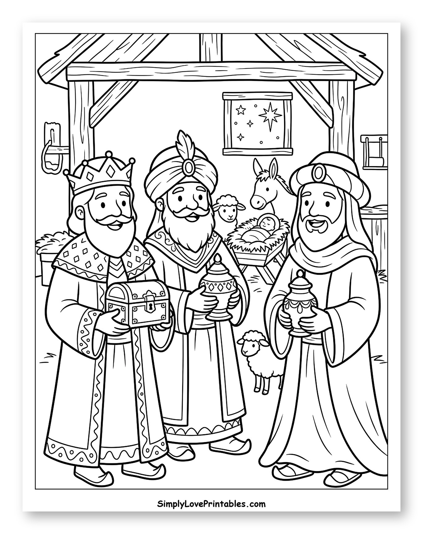 Three Wise Men with Gifts at Manger to Color for Kids