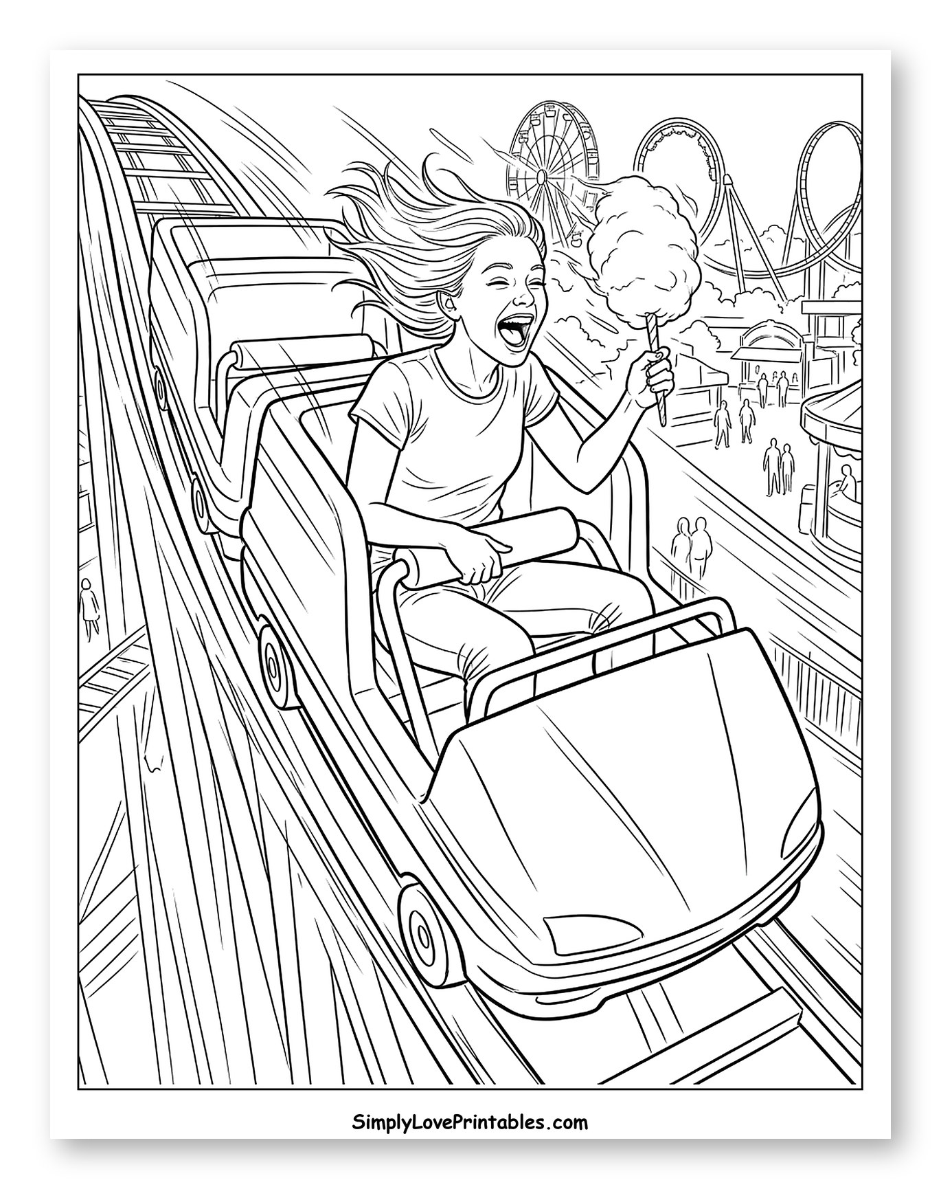 Thrilled Woman Riding Rollercoaster Holding Cotton Candy Coloring Page