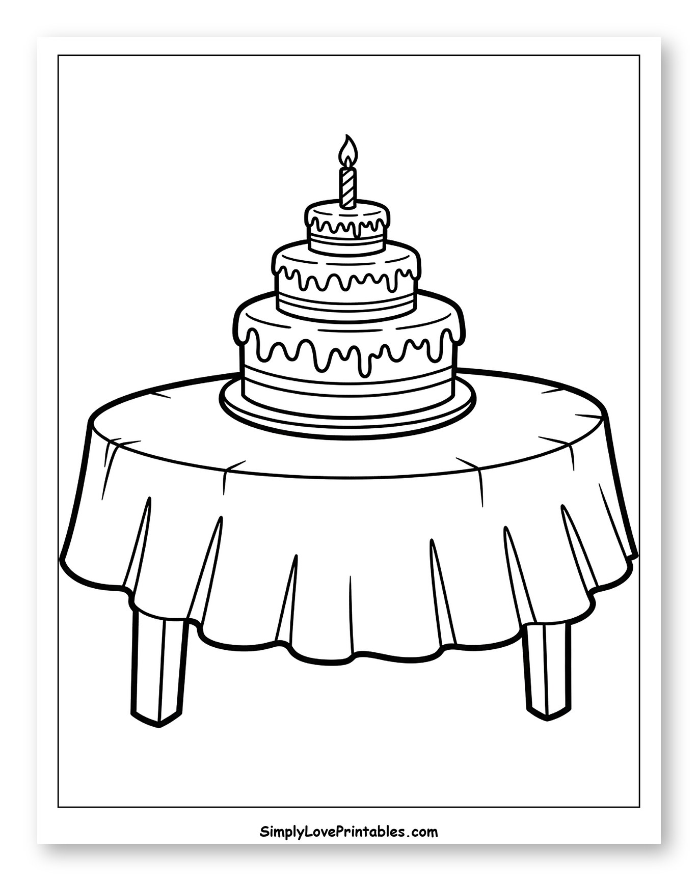 Tiered Birthday Cake with Lit Candle on Table Coloring Page for Toddlers