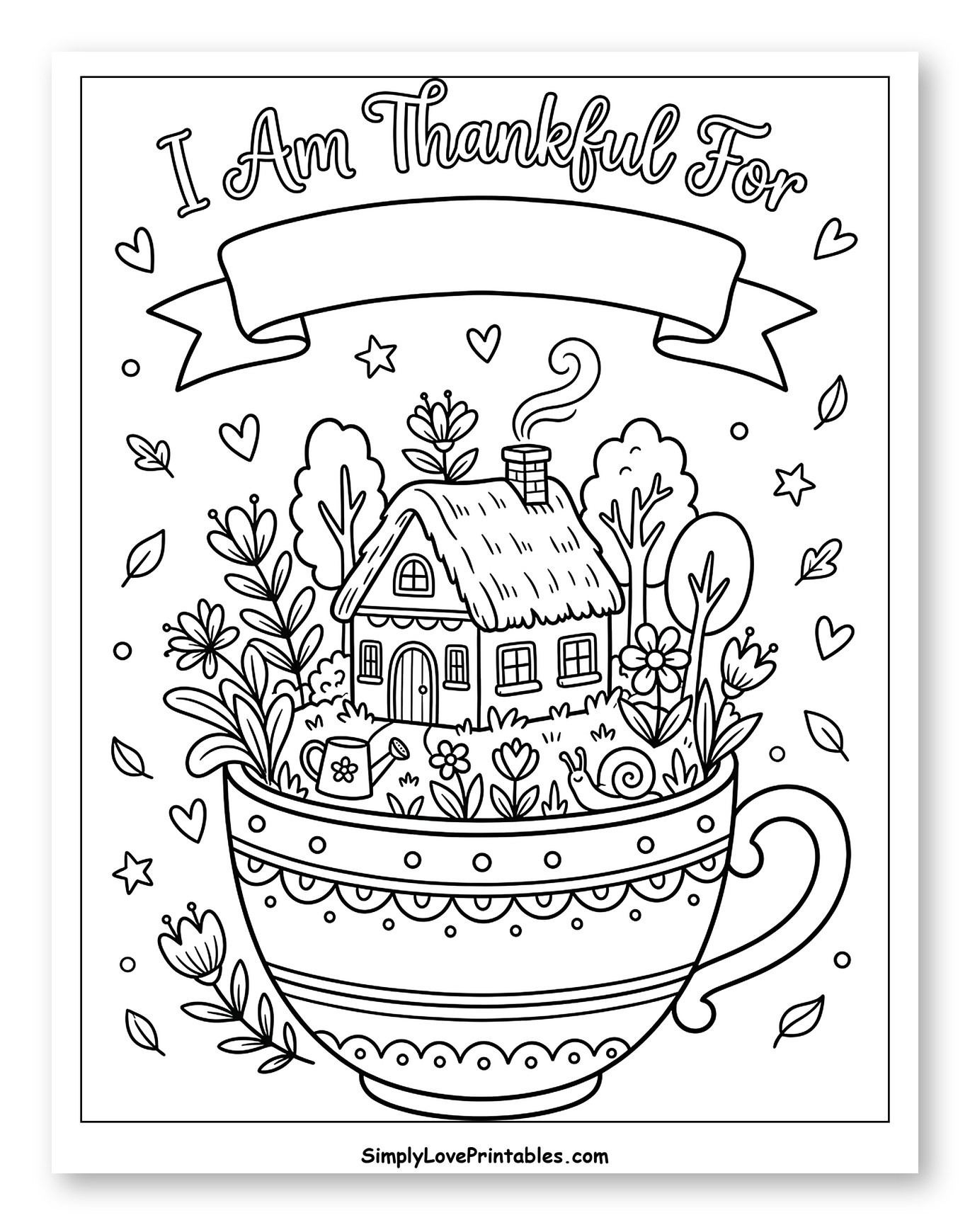 Tiny House in a Decorated Teacup Garden Coloring Sheet for Adults