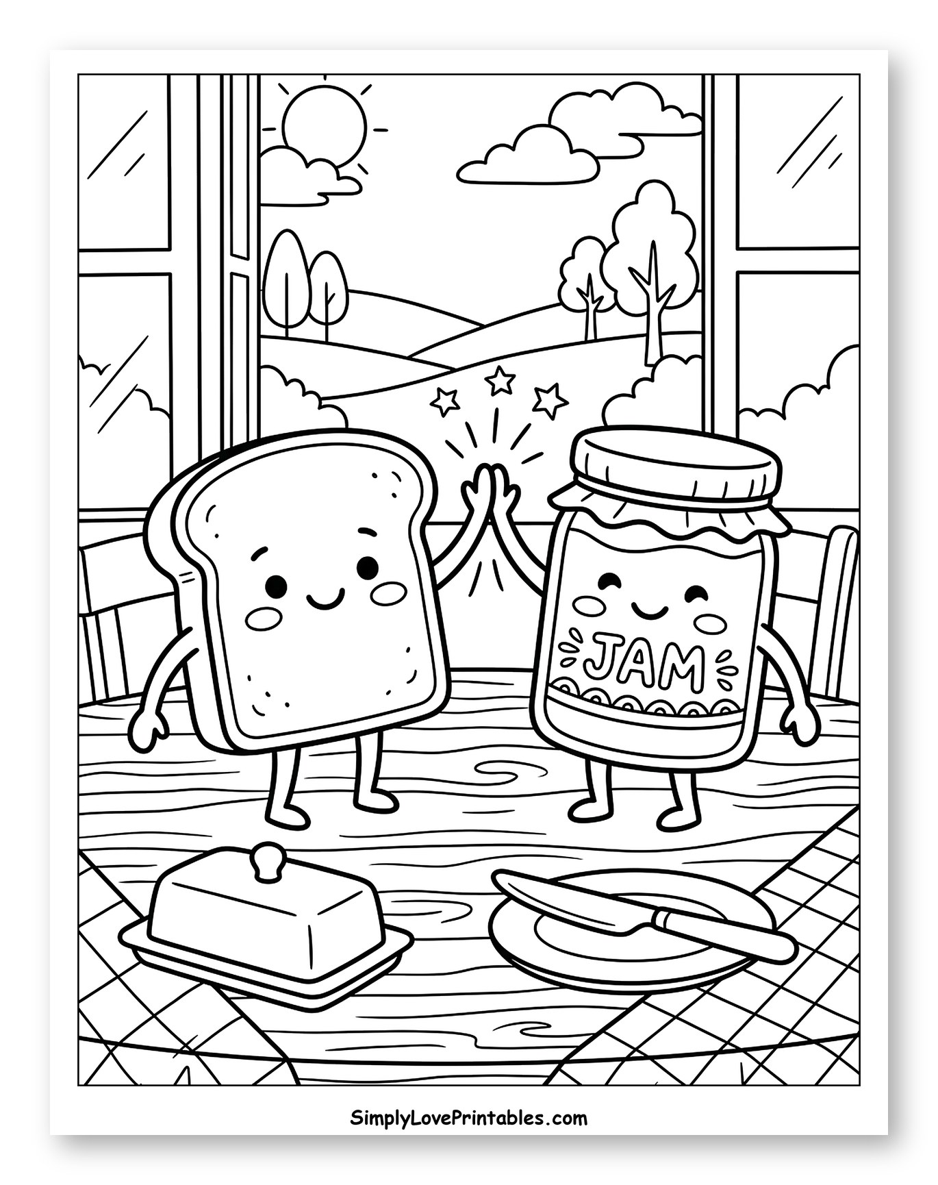 Toast and Jam High-Fiving at Breakfast Coloring Sheet for Kids