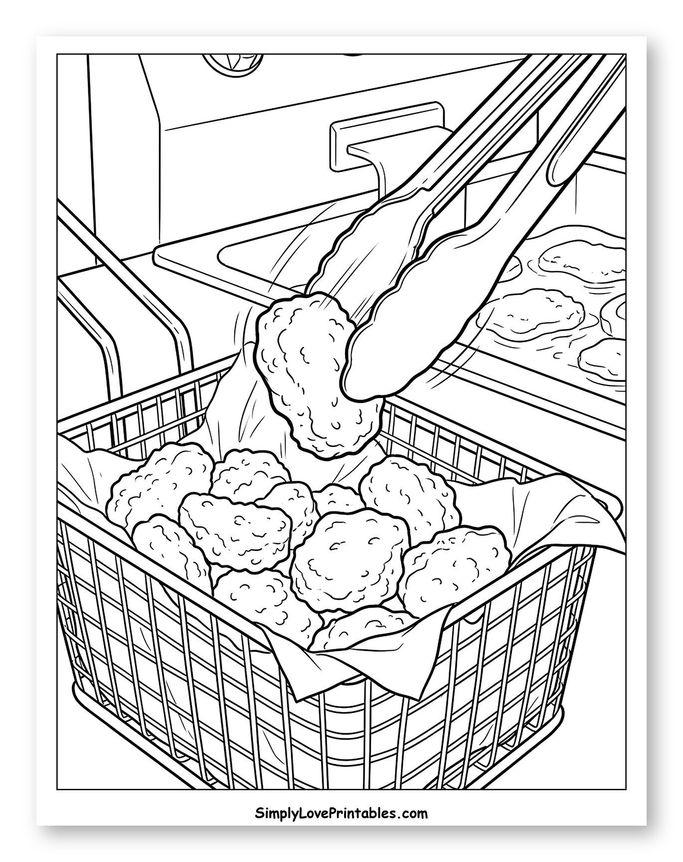 Tongs Adding Fried Chicken to a Basket to Color