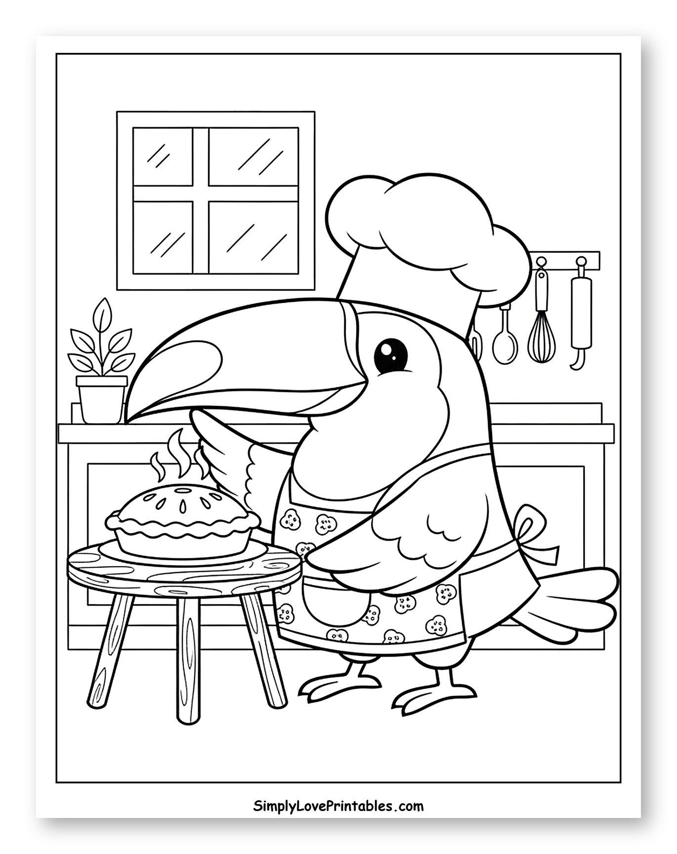Toucan Chef with Freshly Baked Pie in Kitchen Coloring Page for Kids