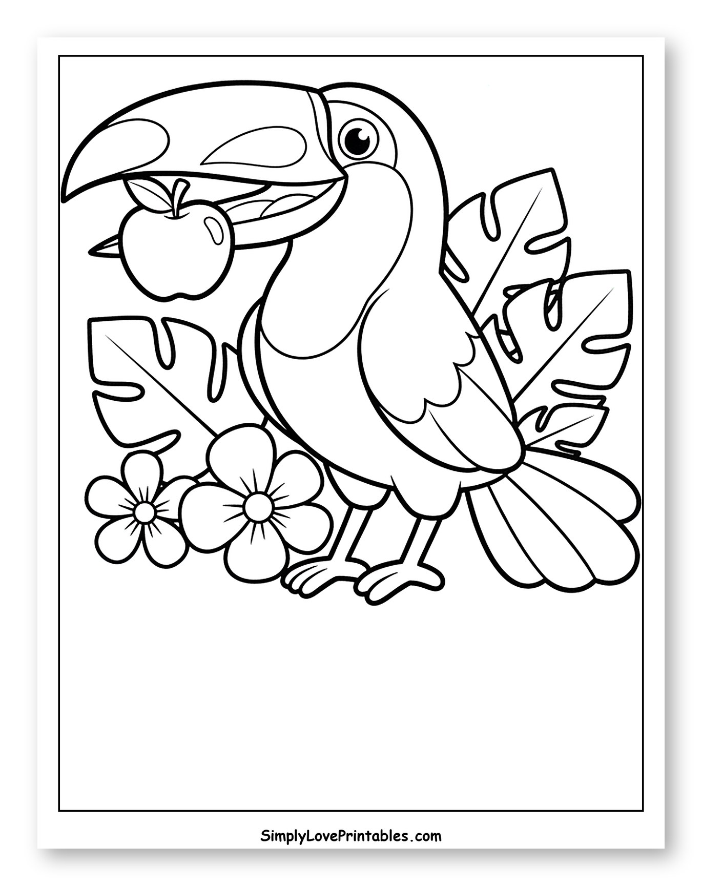 Toucan Holding an Apple with Tropical Flowers
