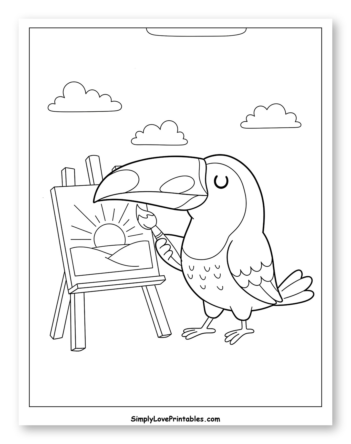Toucan Painting a Sunset on an Easel Coloring Sheet for Kids