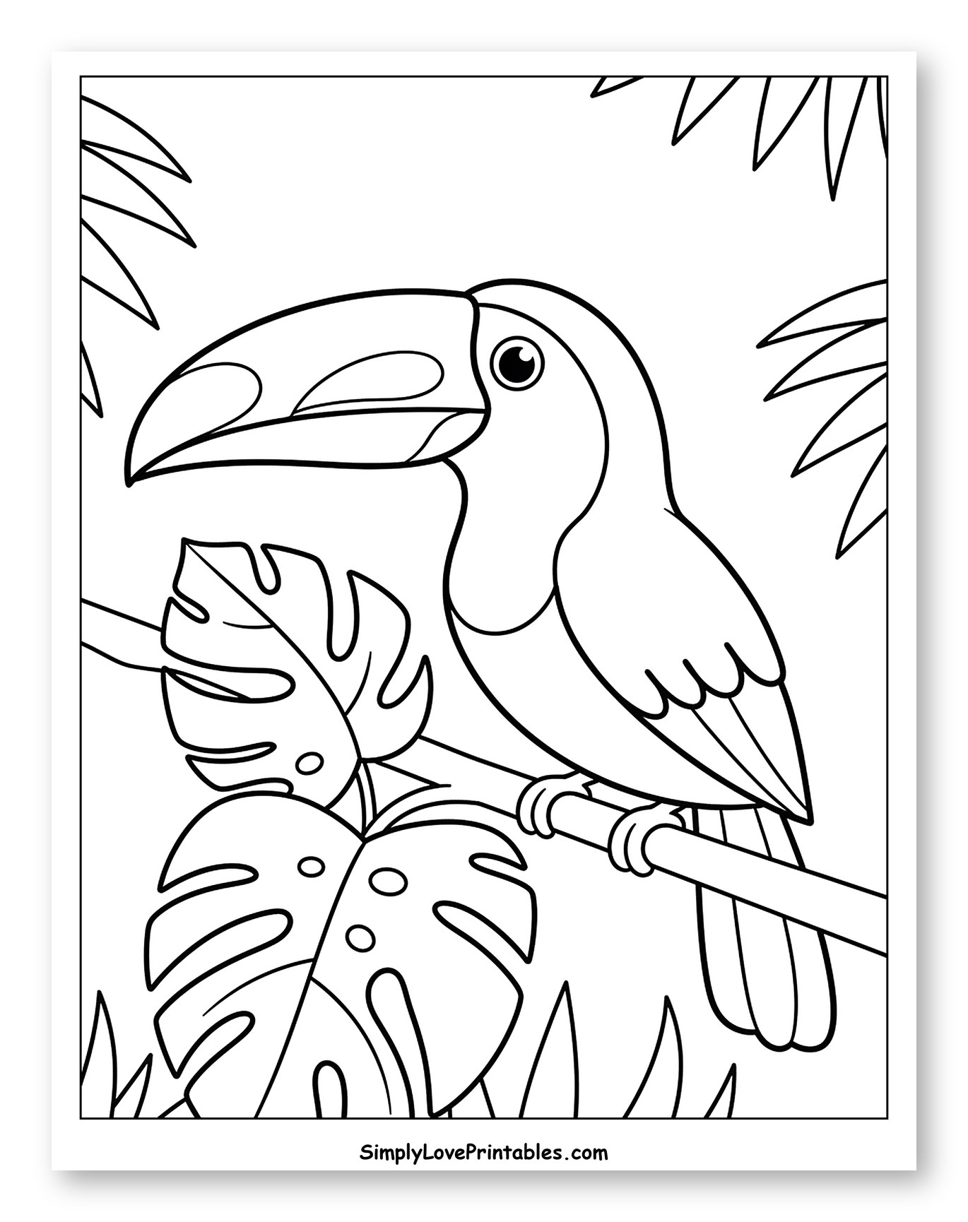 Toucan Perched on a Branch with Tropical Leaves Coloring Page for Toddlers