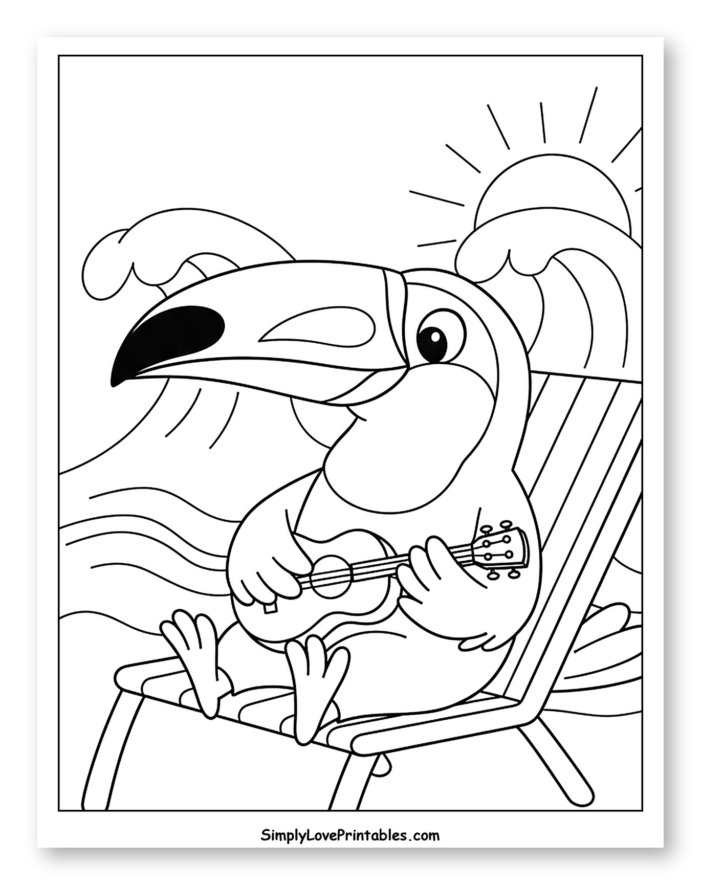 Toucan Playing Ukulele on Beach Chair
