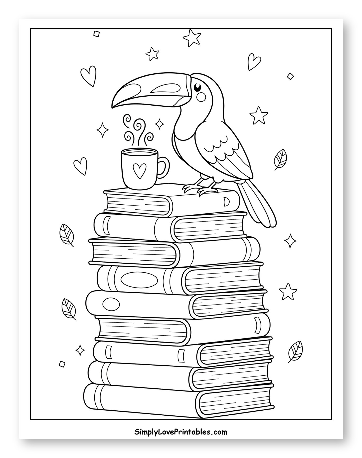 Toucan Sitting on Stack of Books with Coffee to Color for Adults