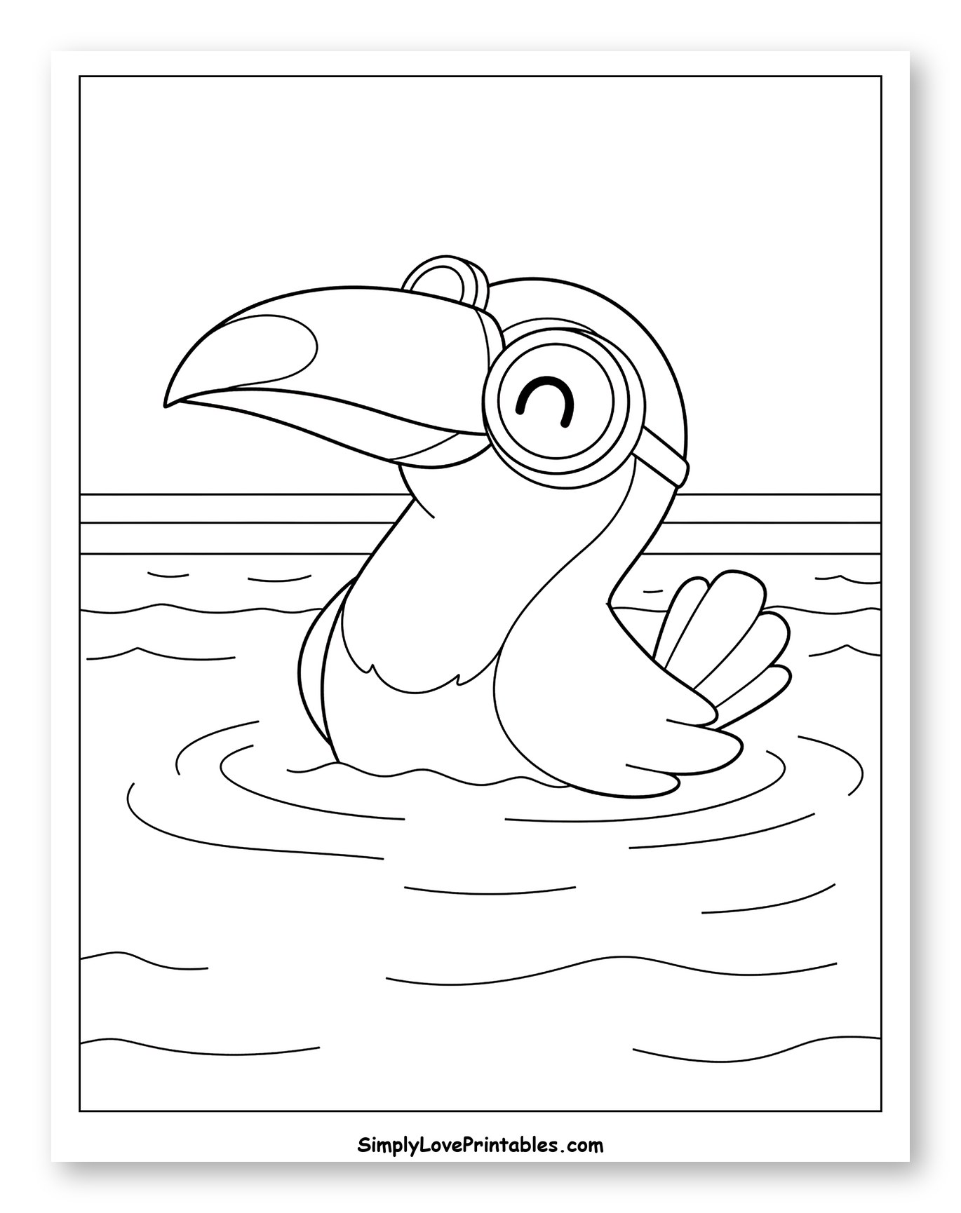 Toucan with Goggles Swimming in Water Coloring Page for Kids